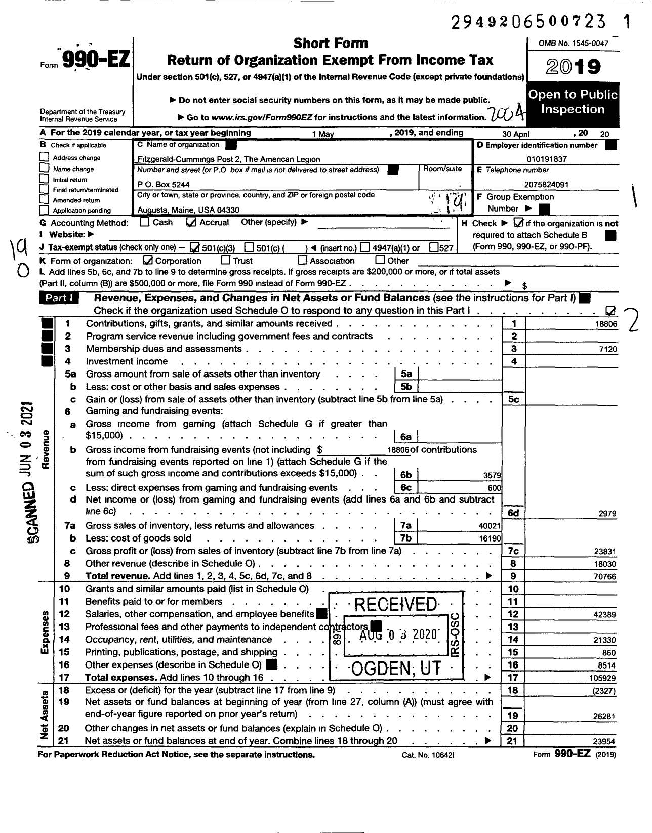 Image of first page of 2019 Form 990EO for American Legion 0002 Fitzgerald-Cummings