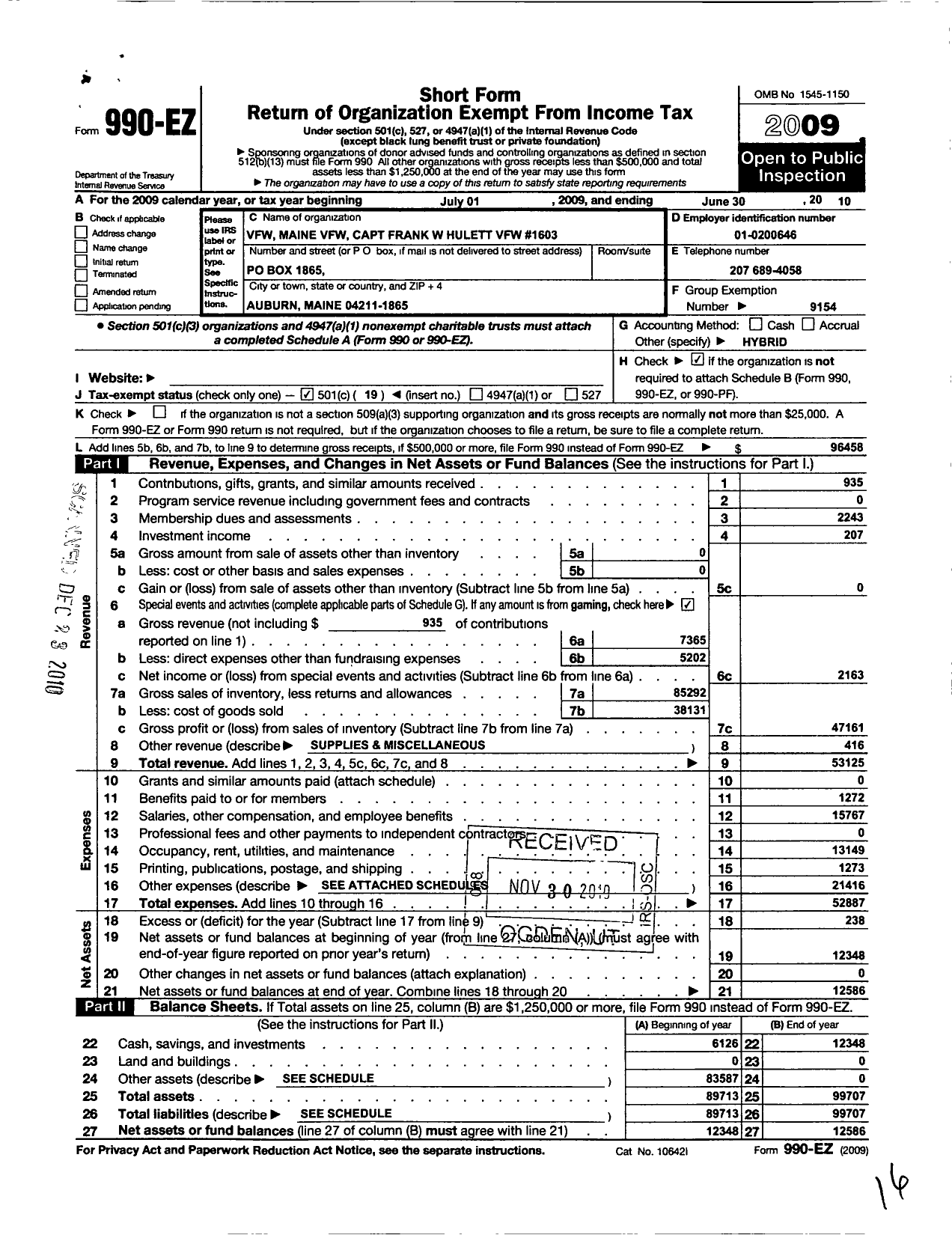 Image of first page of 2009 Form 990EO for Veterans of Foreign Wars of the United States Dept of Maine - 1603 Capt Frank Hulett