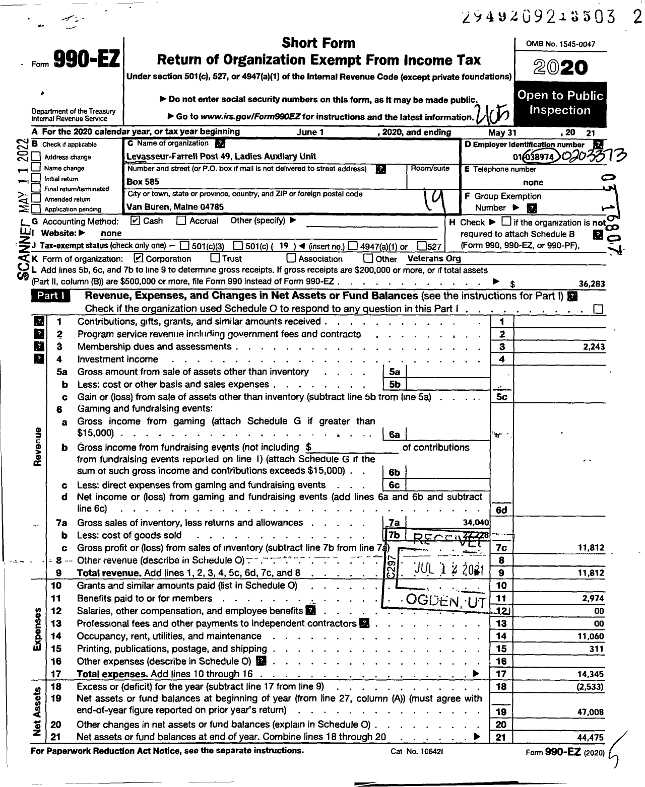 Image of first page of 2020 Form 990EO for American Legion - 49 Levasseur Farrell Post