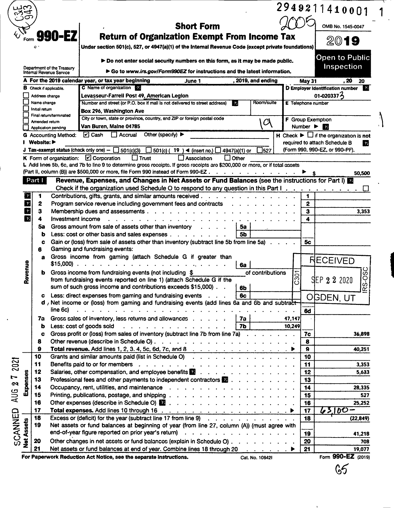 Image of first page of 2019 Form 990EO for American Legion - 49 Levasseur Farrell Post