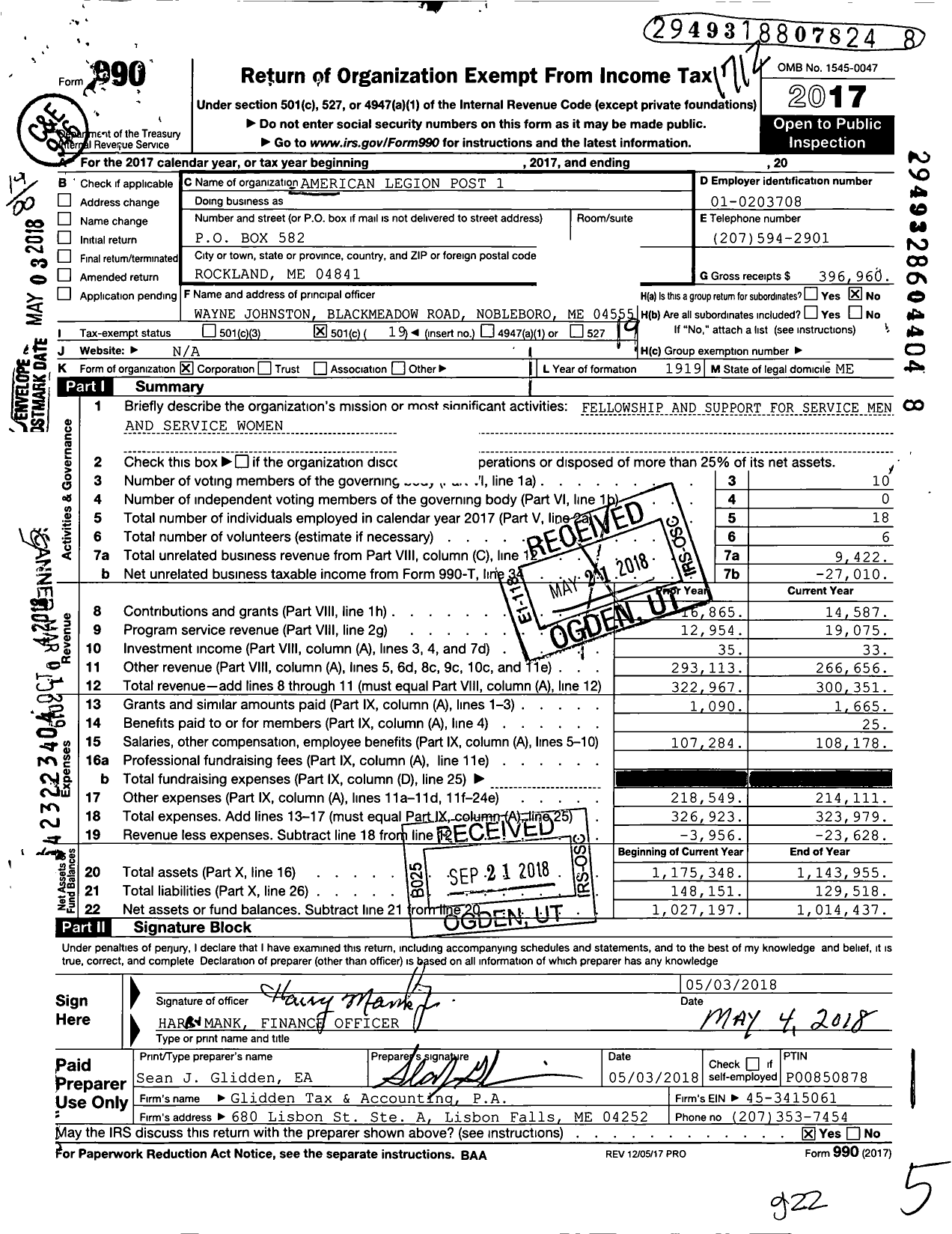 Image of first page of 2017 Form 990O for American Legion Post 1