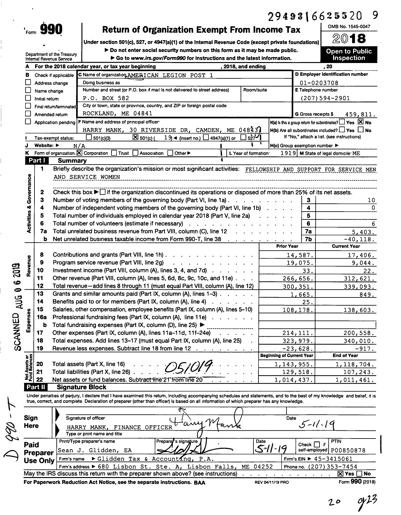 Image of first page of 2018 Form 990O for American Legion Post 1