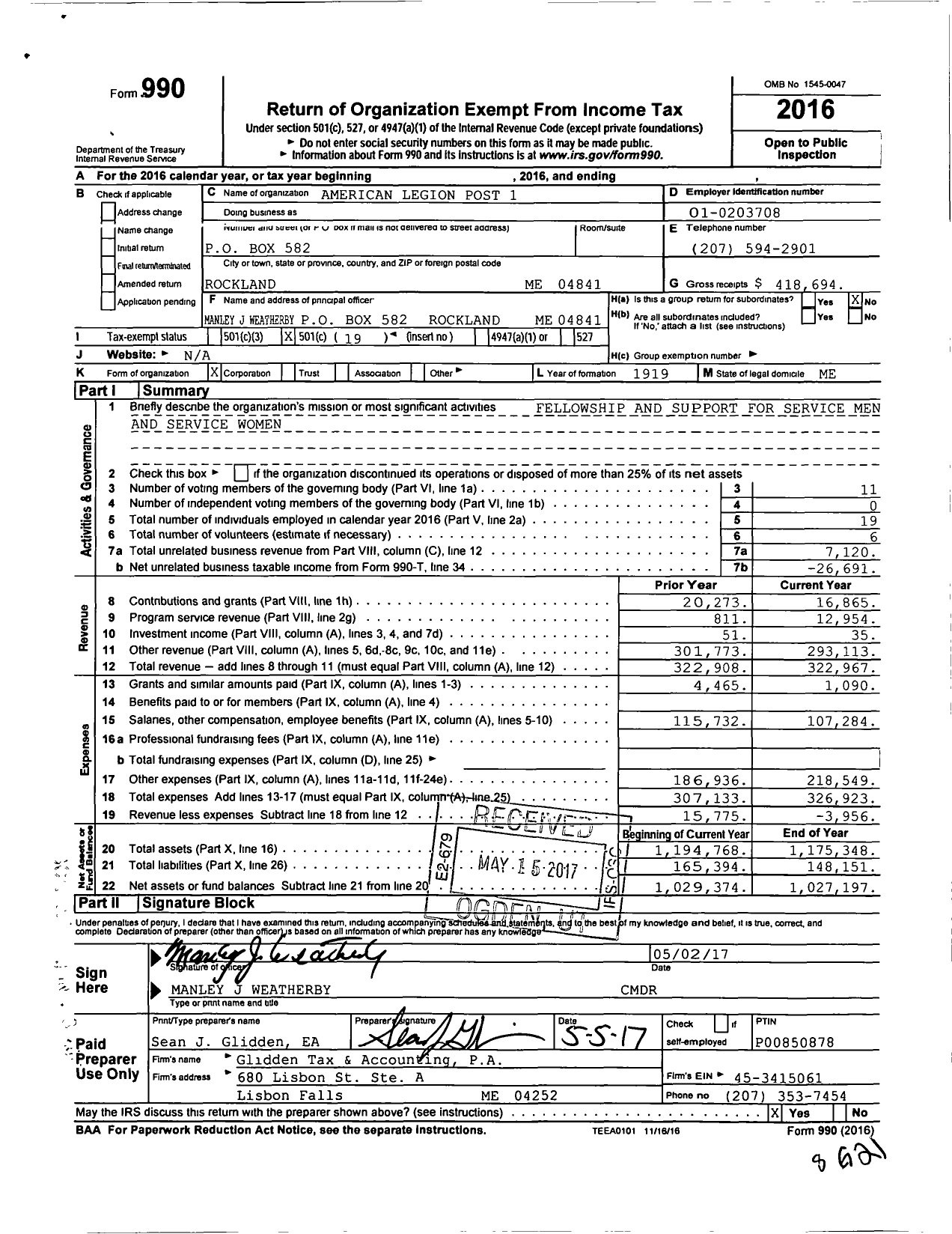 Image of first page of 2016 Form 990O for American Legion Post 1