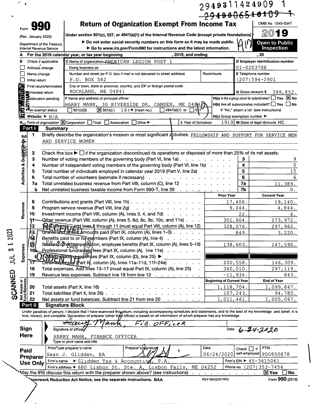 Image of first page of 2019 Form 990O for American Legion Post 1