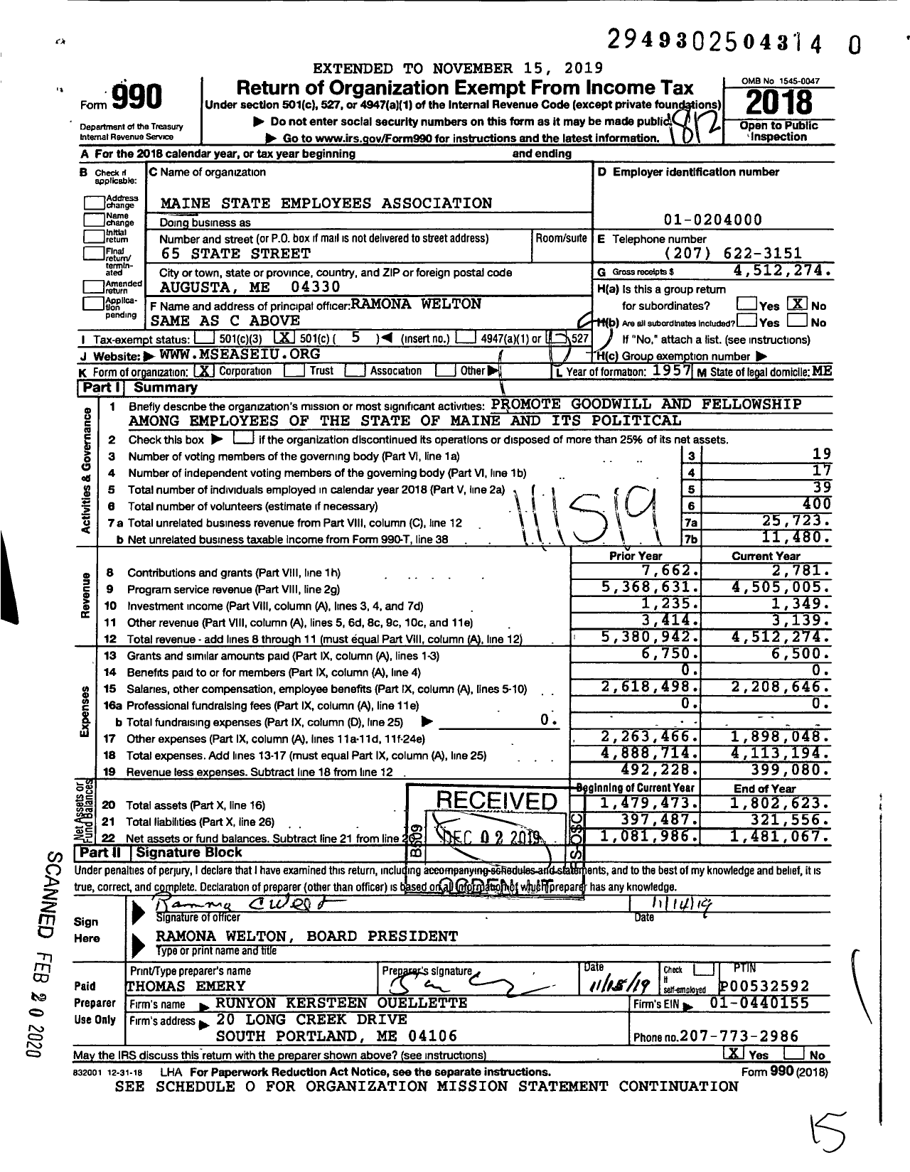 Image of first page of 2018 Form 990O for Maine Service Employees Association Seiu Local 1989