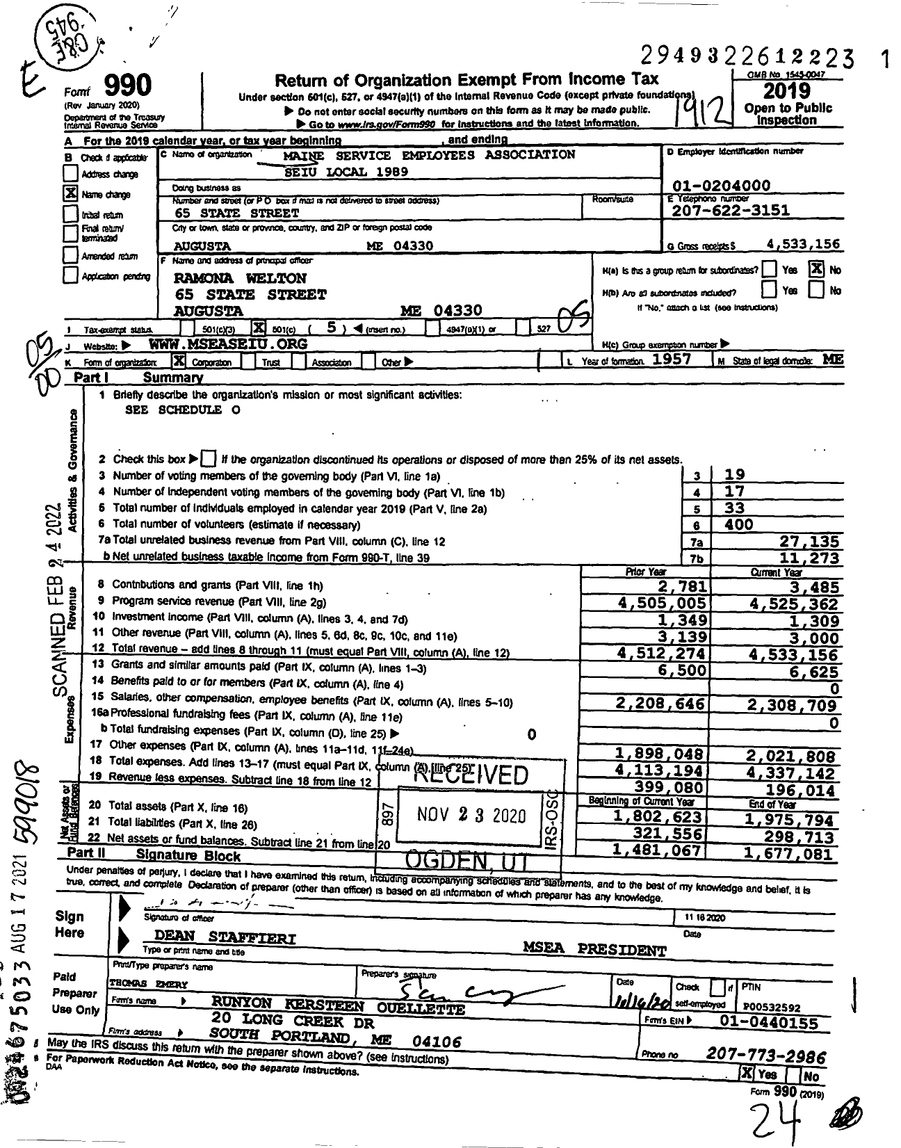 Image of first page of 2019 Form 990O for Maine Service Employees Association Seiu Local 1989