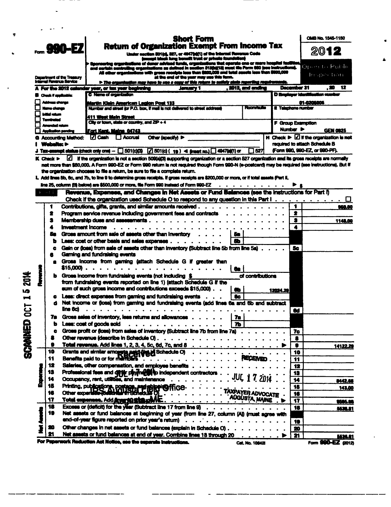 Image of first page of 2012 Form 990EO for Martin-Klein American Legion Post 133