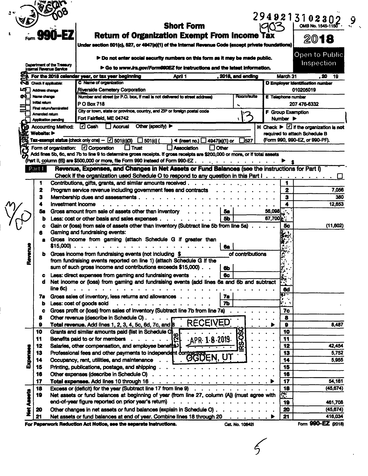 Image of first page of 2018 Form 990EO for Riverside Cemetery Corporation