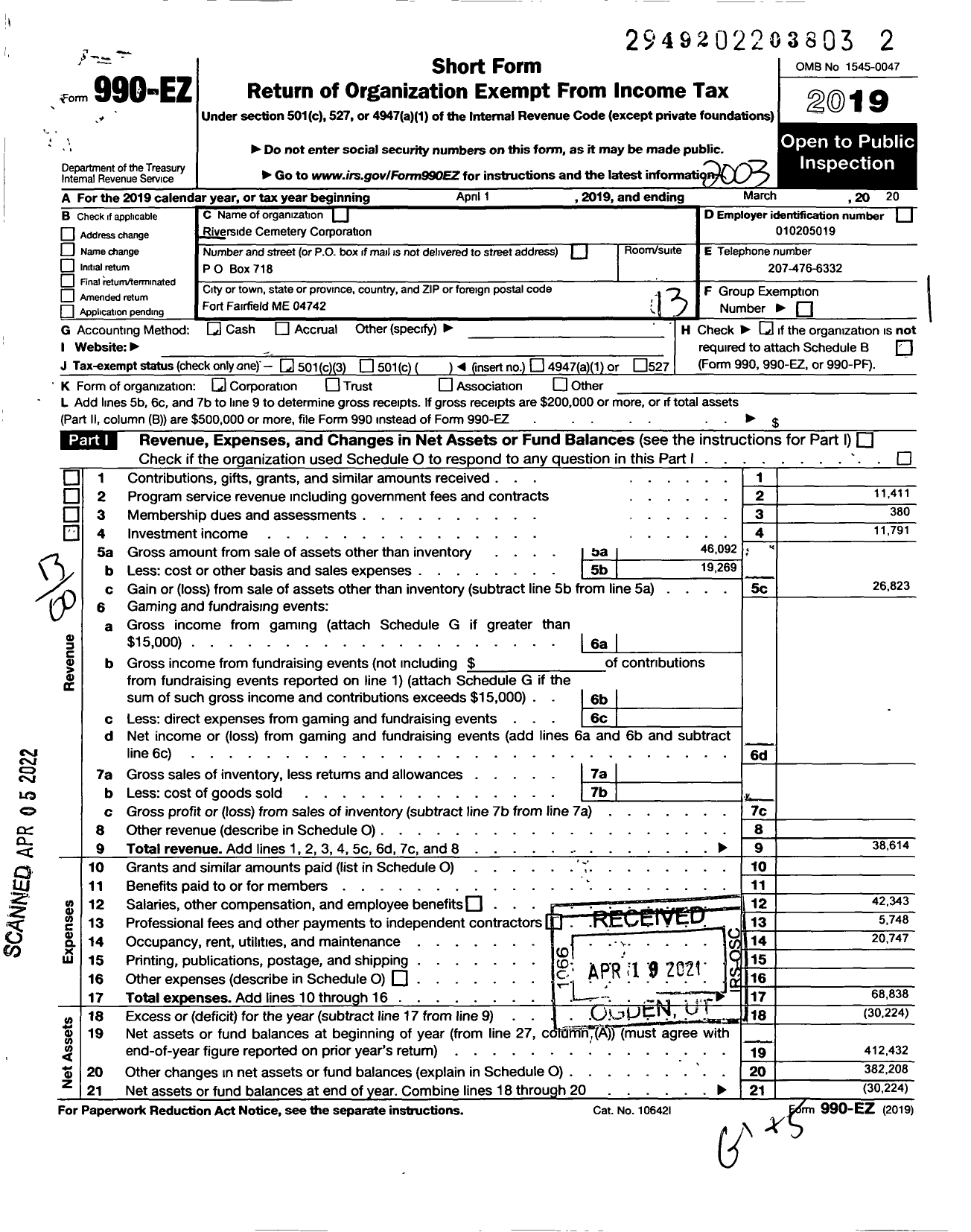 Image of first page of 2019 Form 990EO for Riverside Cemetery Corporation