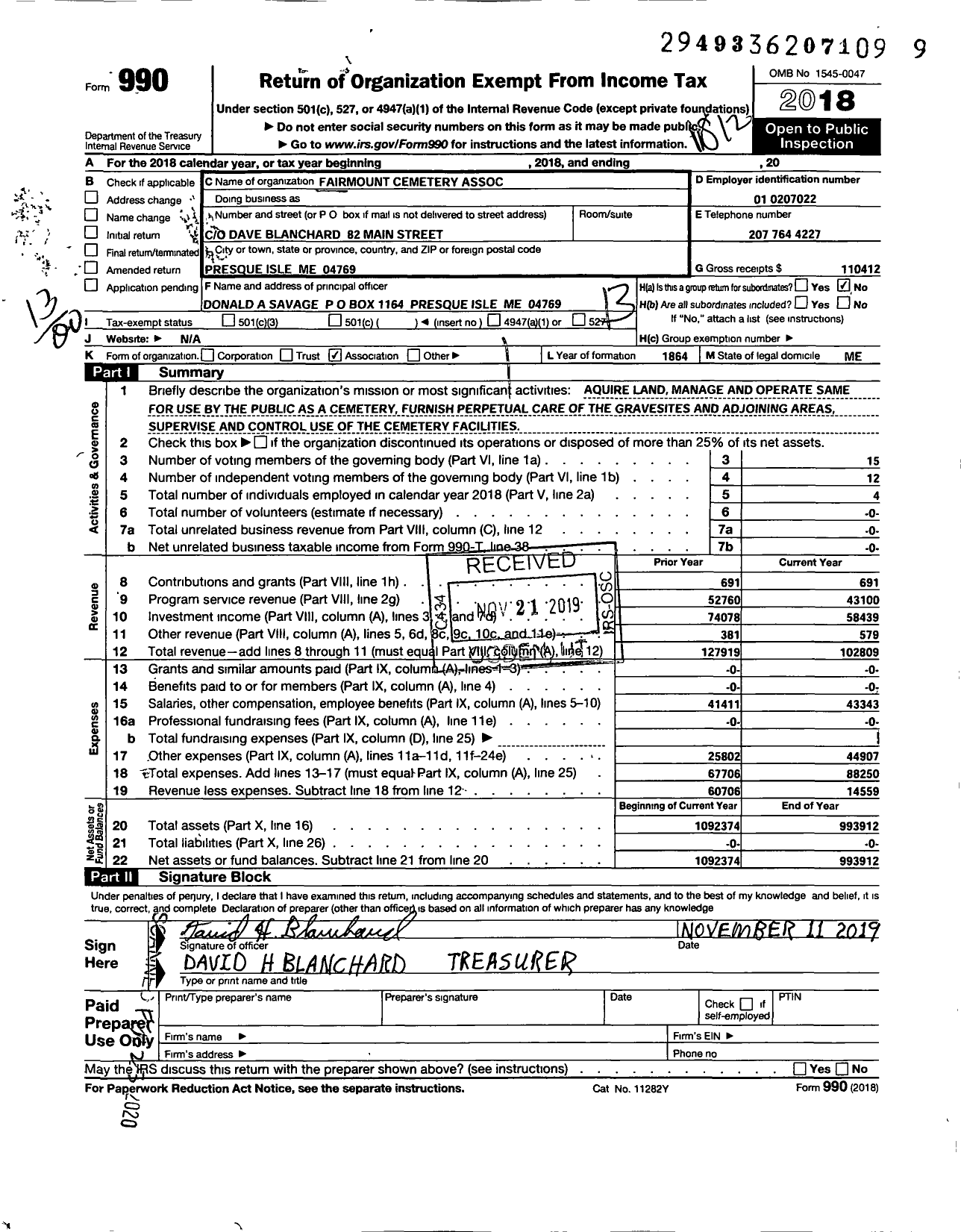 Image of first page of 2018 Form 990O for Fairmount Cemetery Association