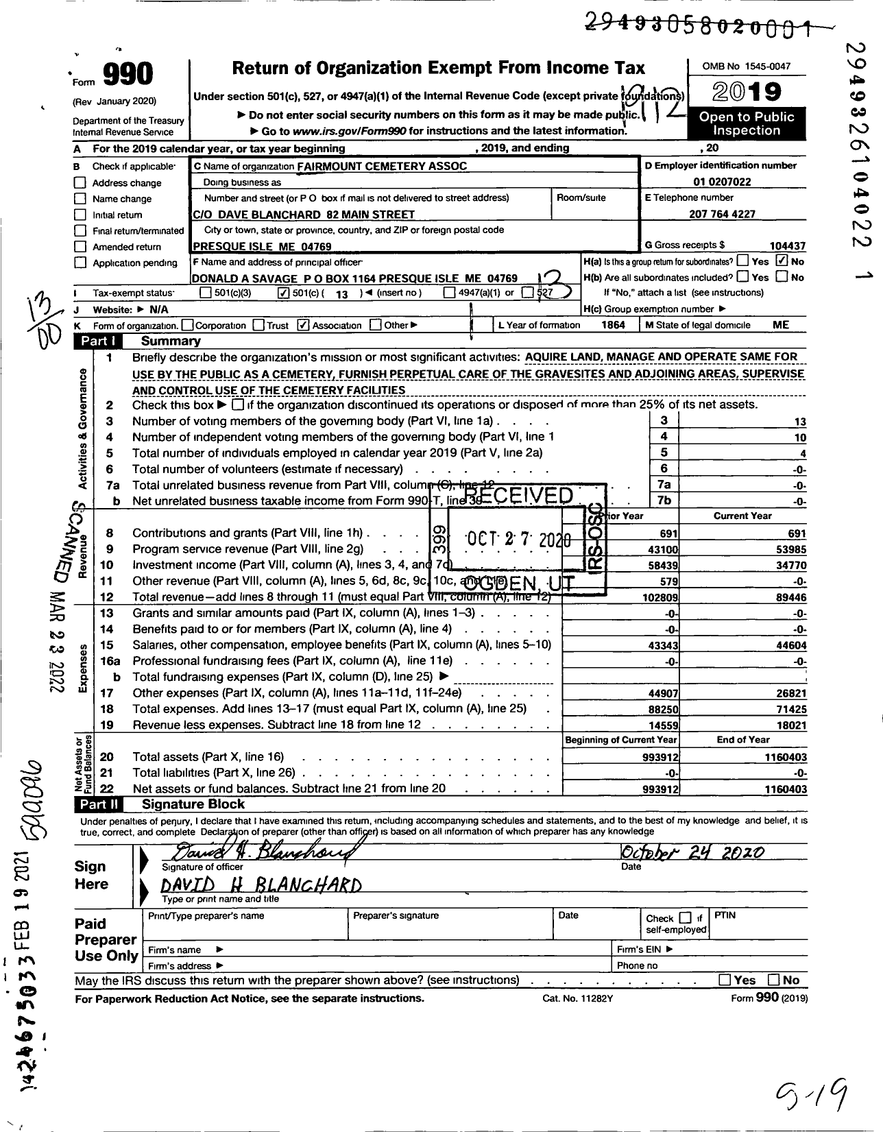 Image of first page of 2019 Form 990O for Fairmount Cemetery Association