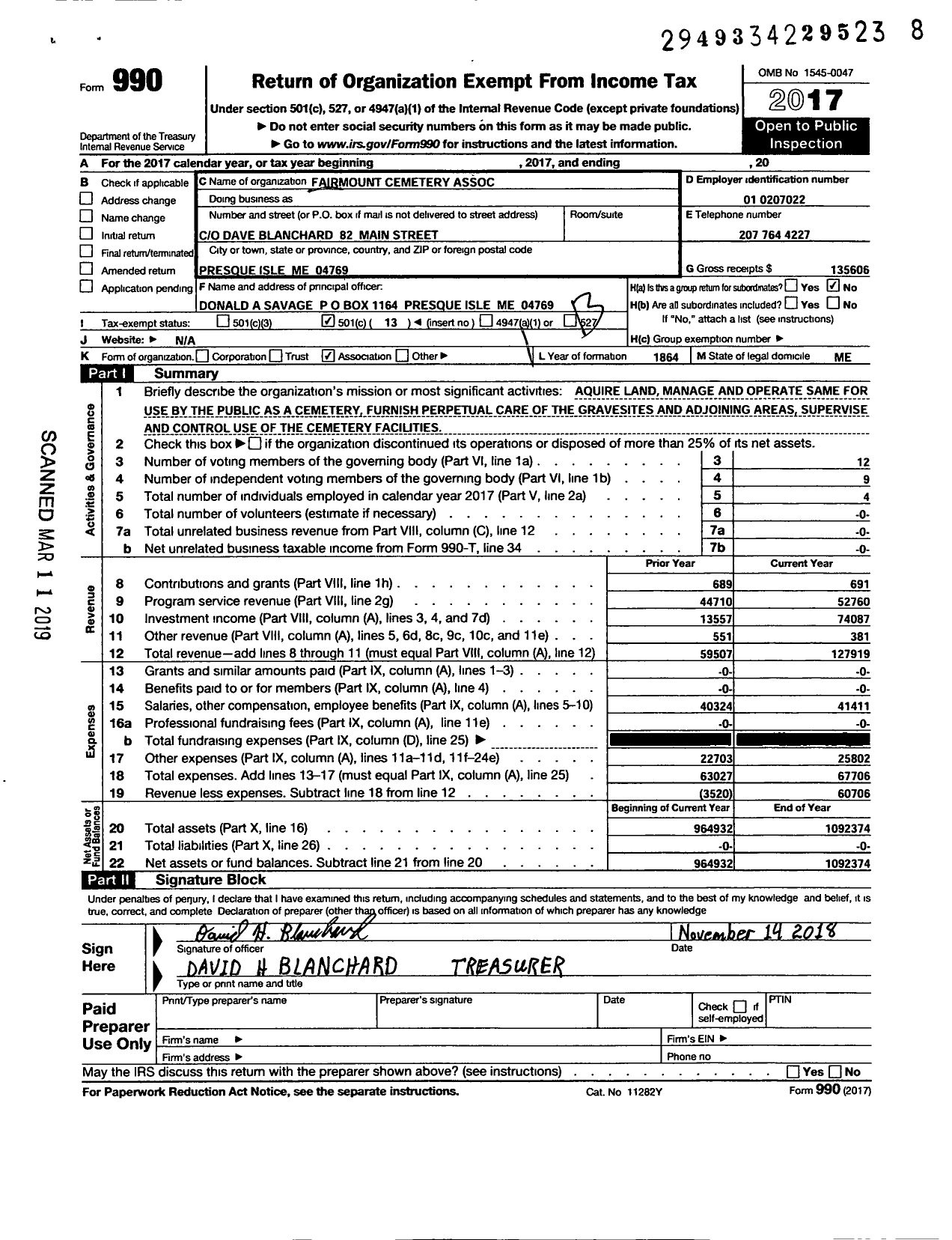 Image of first page of 2017 Form 990O for Fairmount Cemetery Association