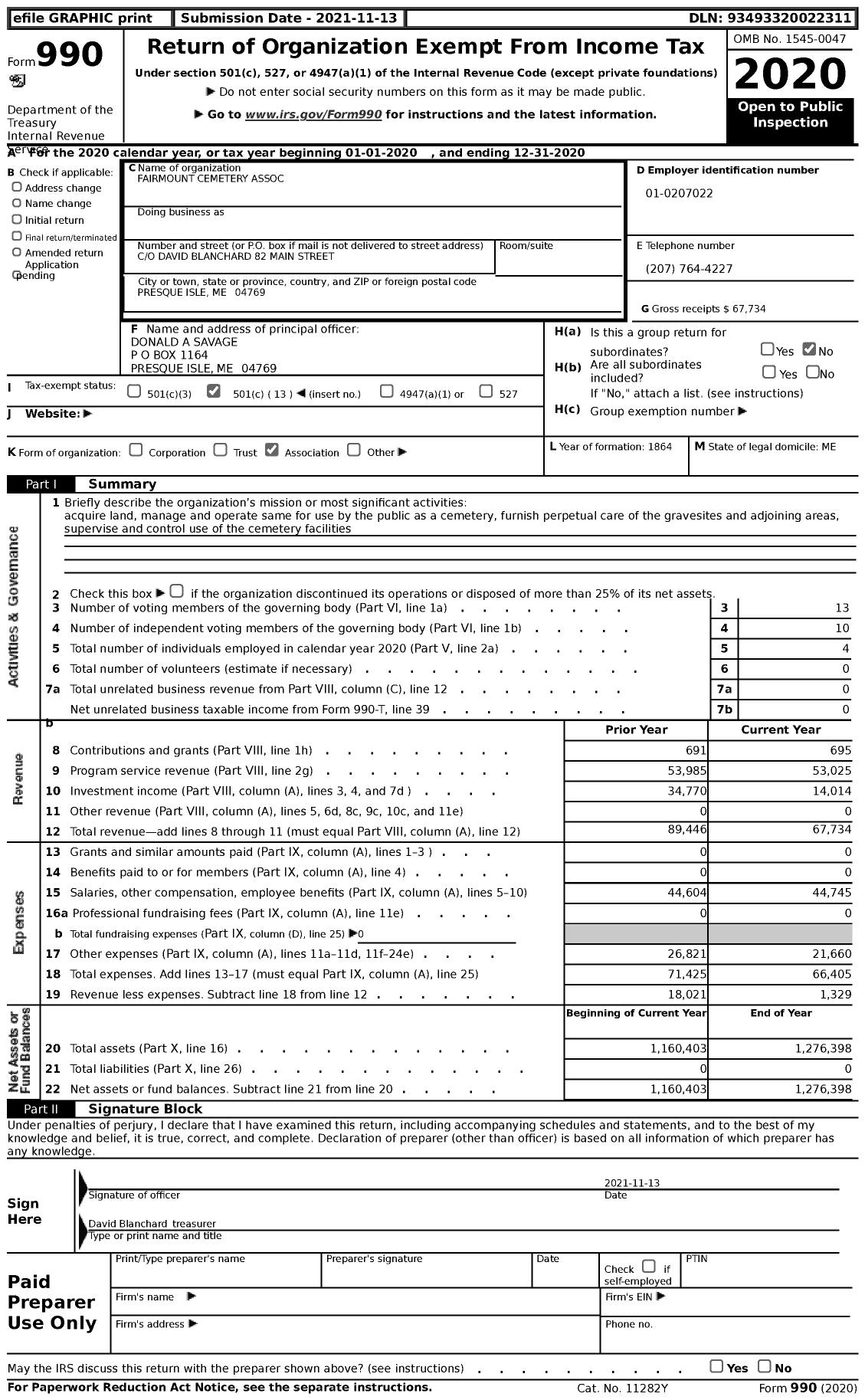 Image of first page of 2020 Form 990 for Fairmount Cemetery Association