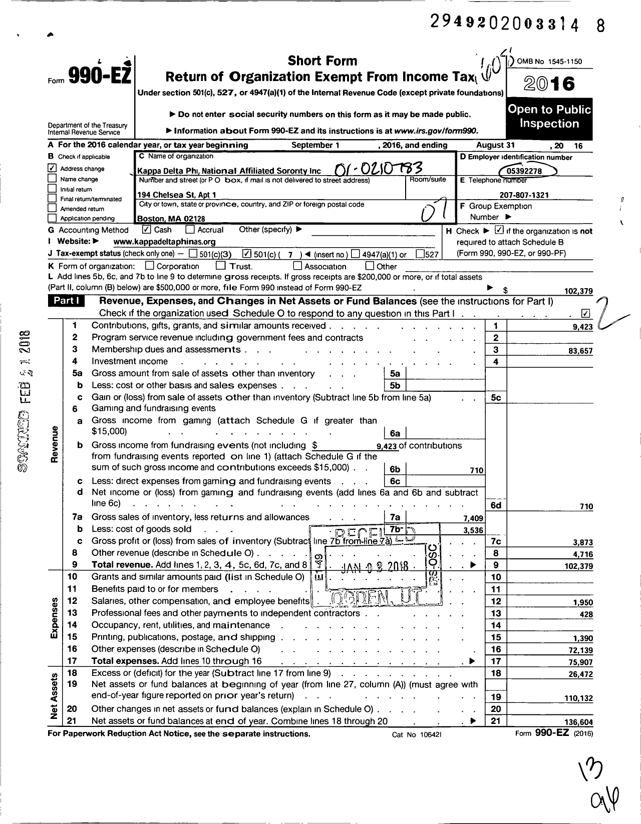 Image of first page of 2015 Form 990EO for Kappa Delta Phi National Affiliated Sorority / Kappa Lambda