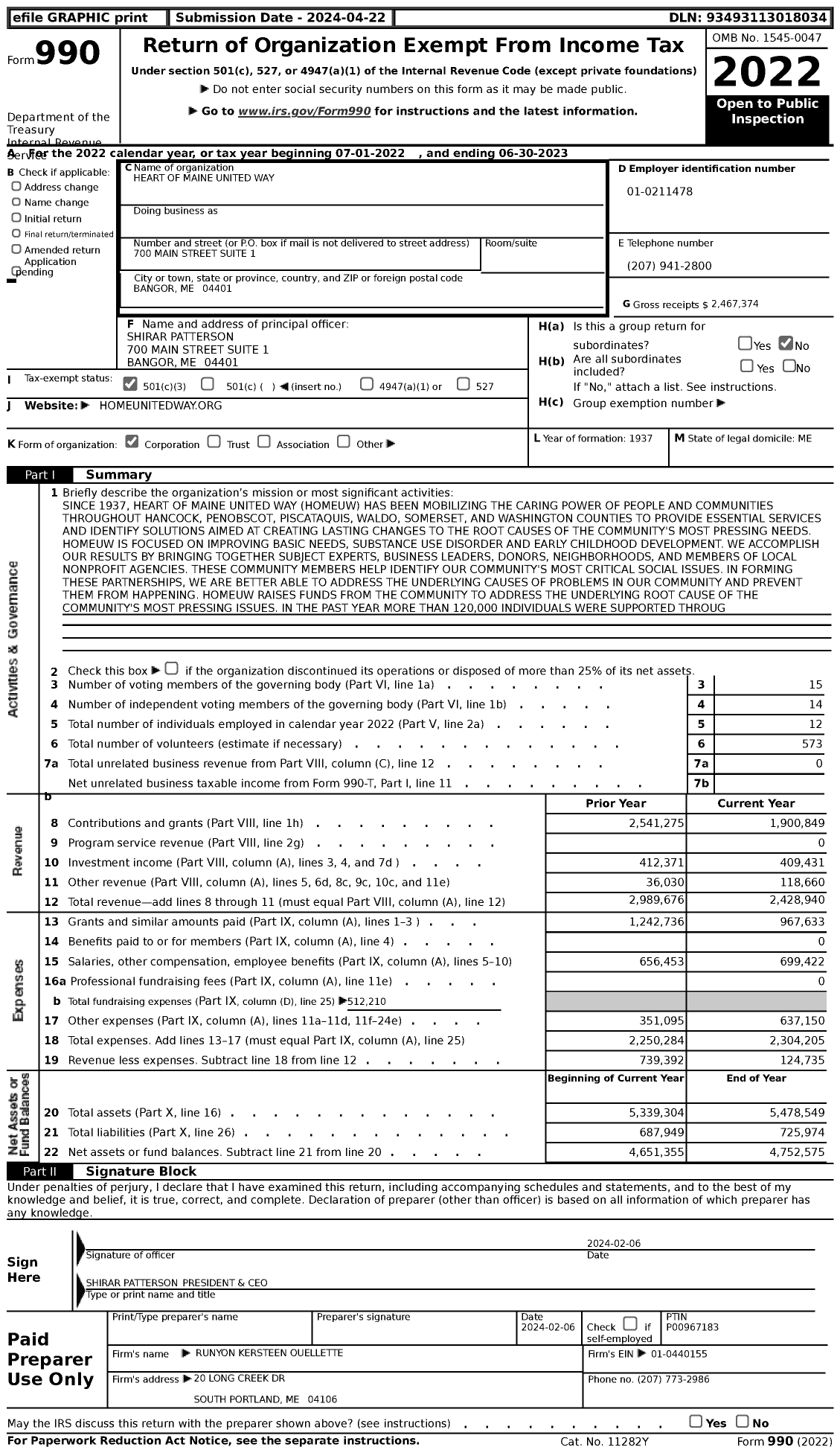 Image of first page of 2022 Form 990 for Heart of Maine United Way