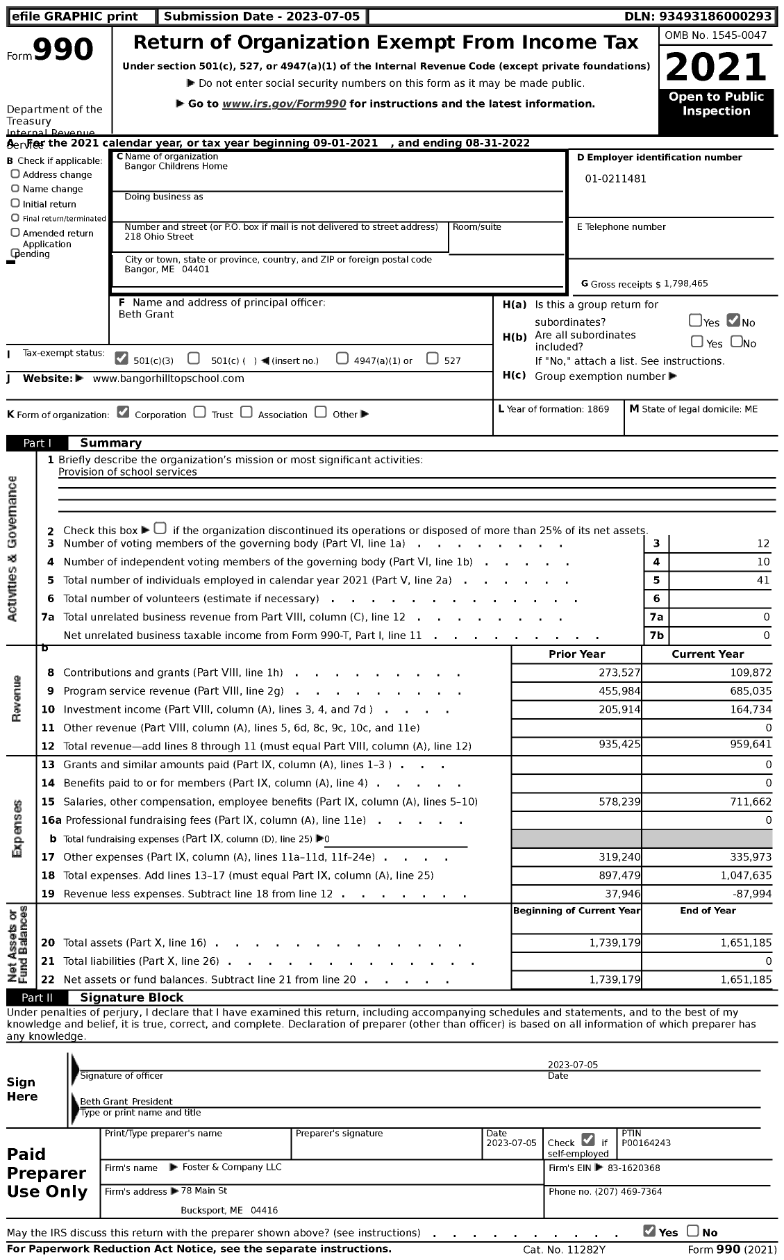 Image of first page of 2021 Form 990 for Bangor Childrens Home