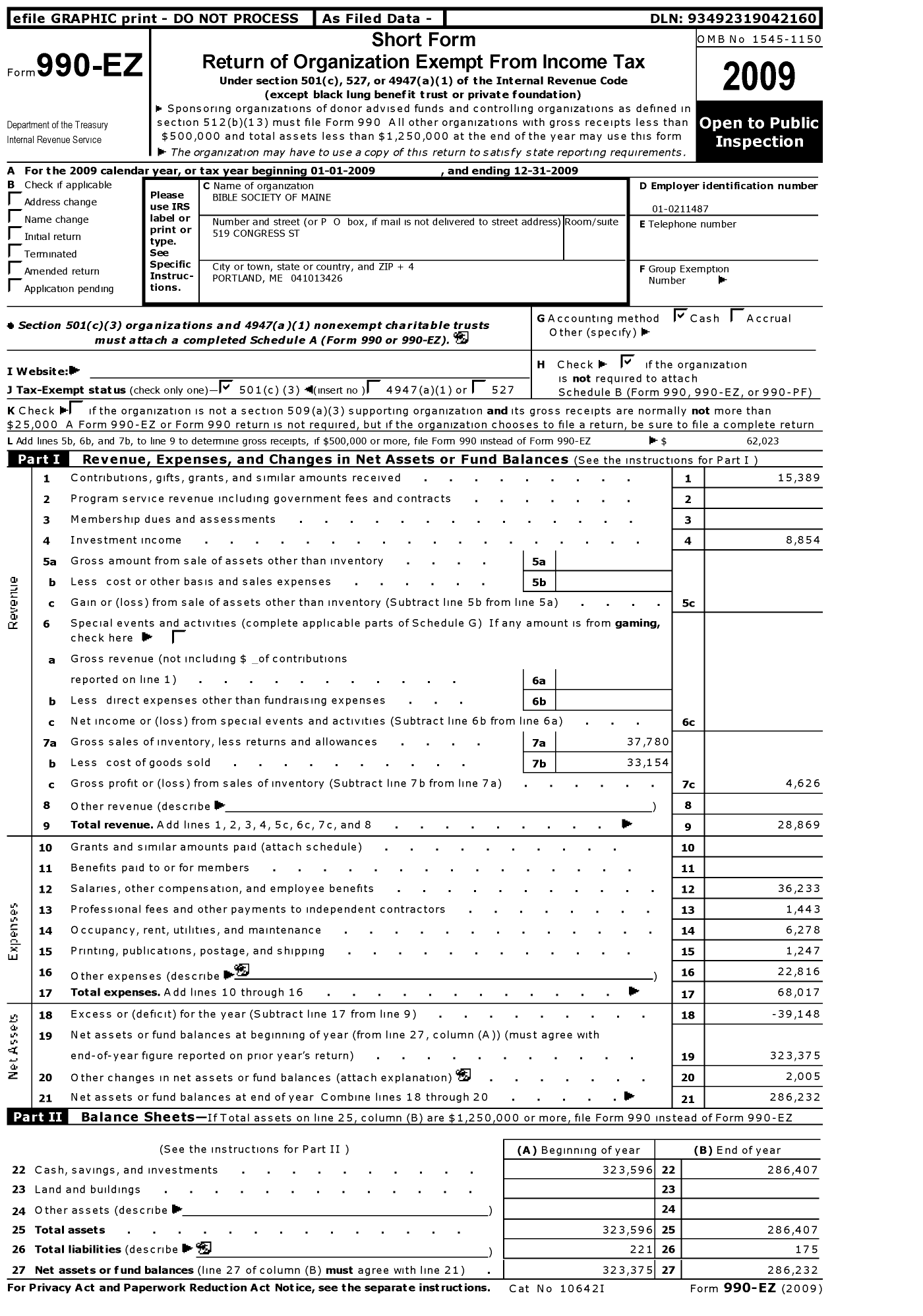 Image of first page of 2009 Form 990EZ for Bible Society of Maine