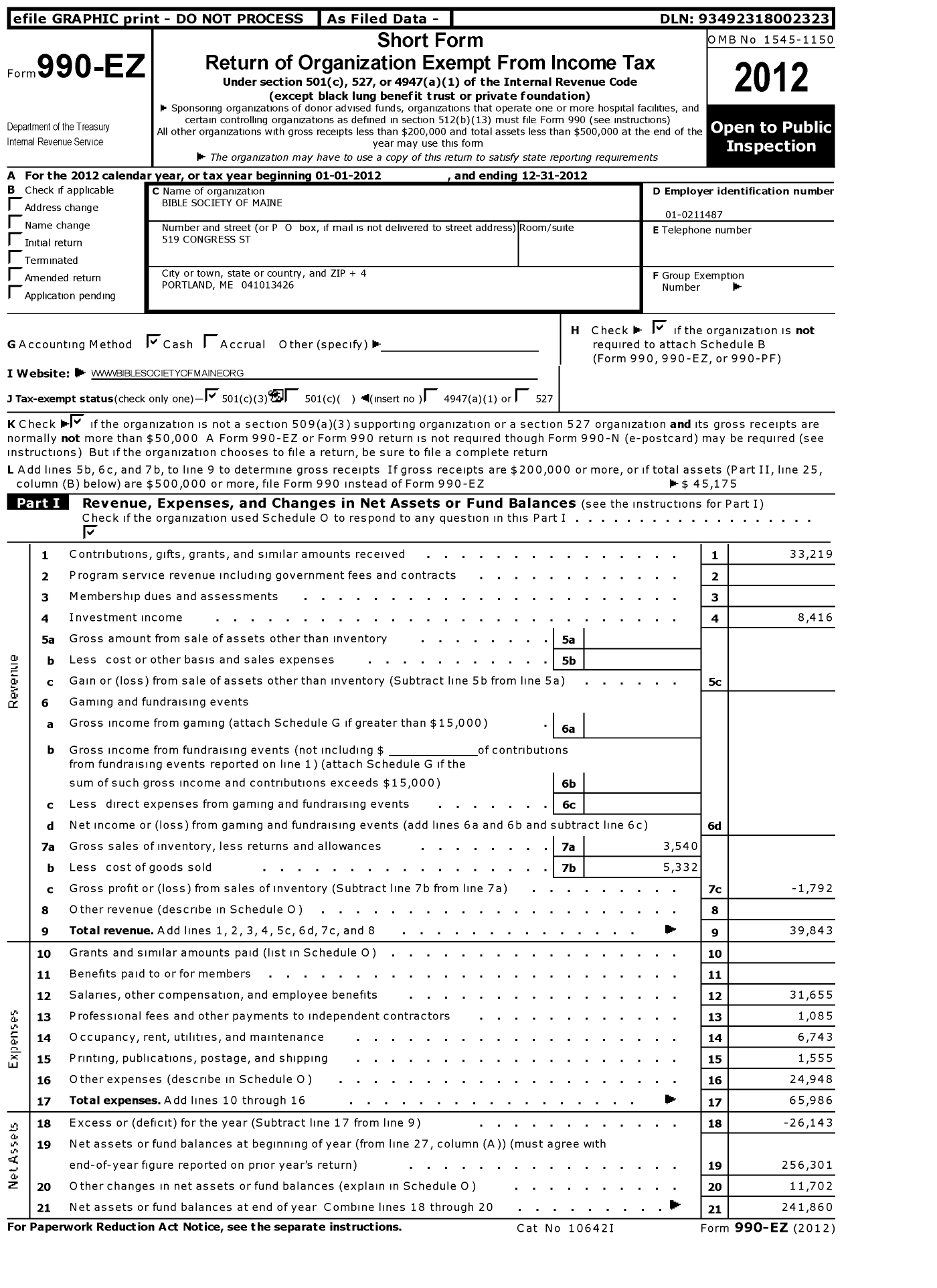 Image of first page of 2012 Form 990EZ for Bible Society of Maine