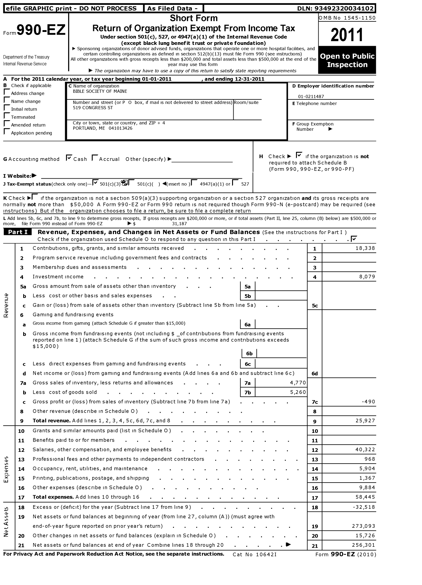 Image of first page of 2011 Form 990EZ for Bible Society of Maine