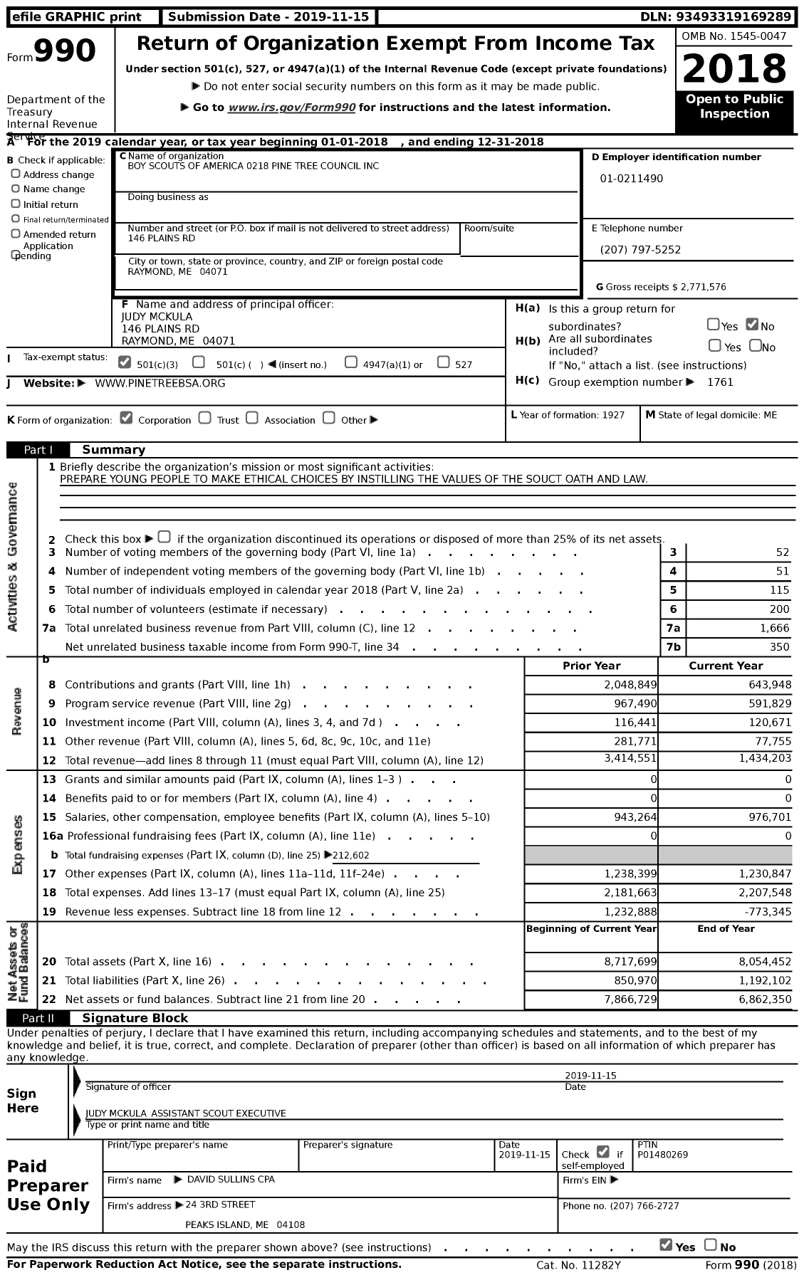 Image of first page of 2018 Form 990 for Pine Tree Council Boy Scout of America