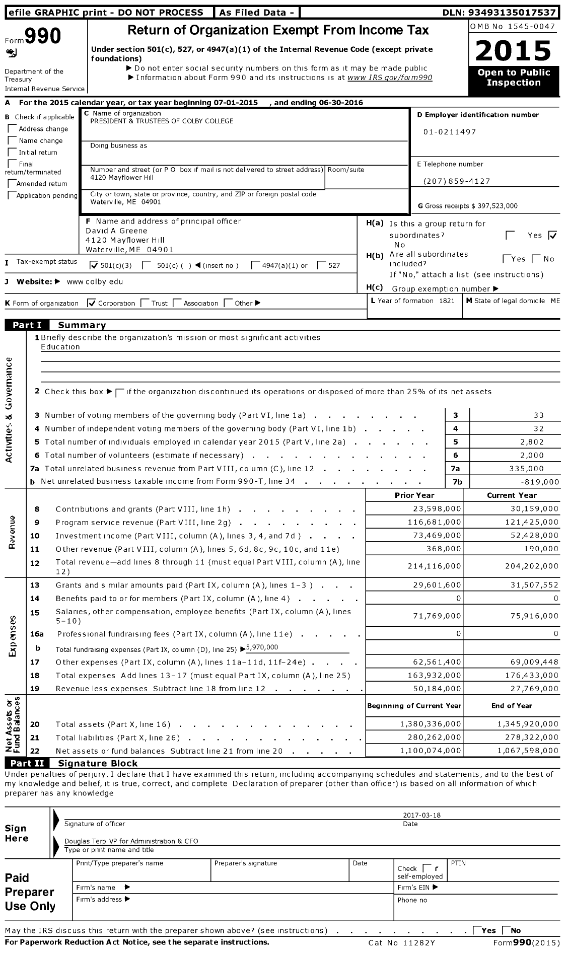 Image of first page of 2015 Form 990 for President and Trustees of Colby College