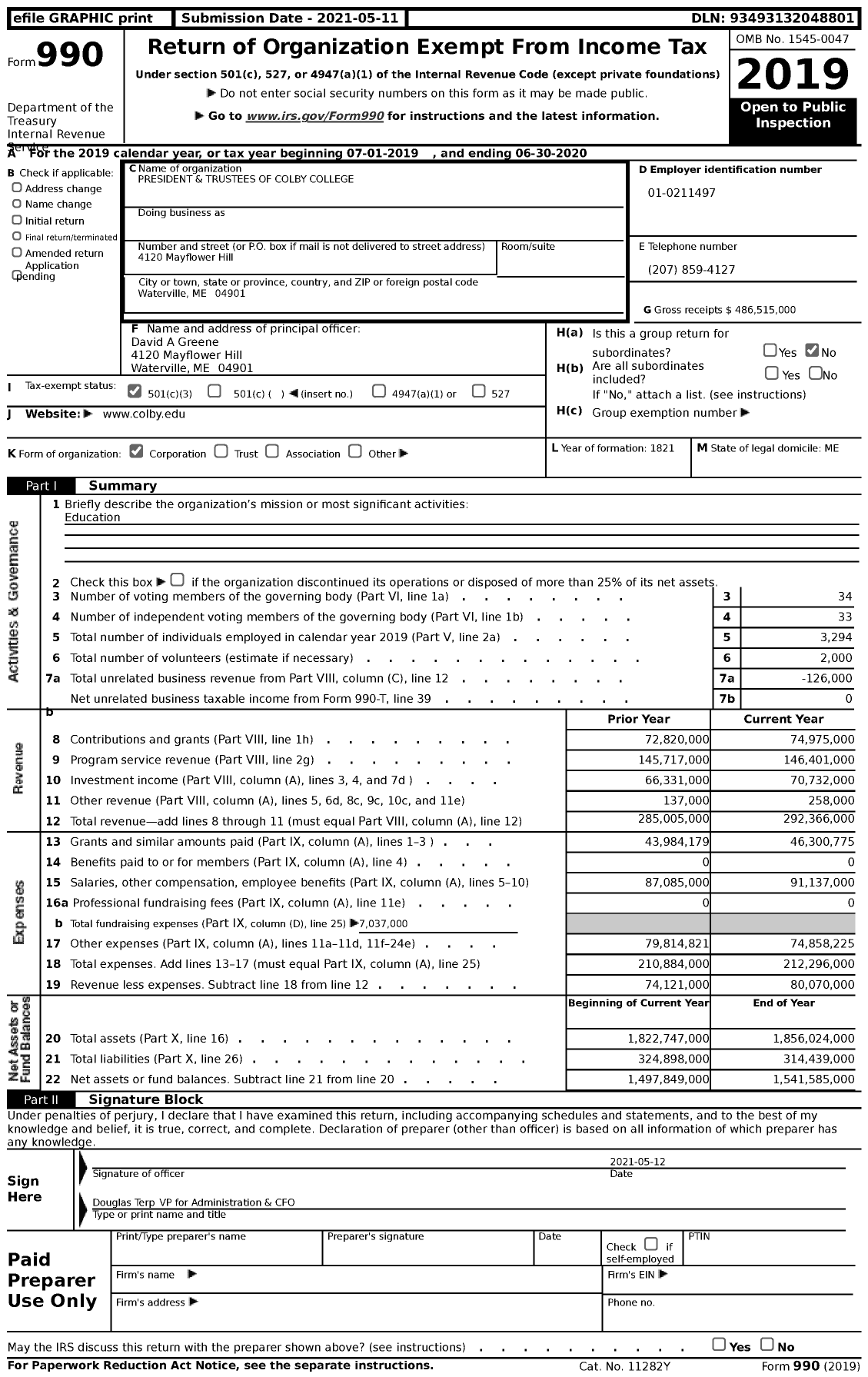 Image of first page of 2019 Form 990 for President and Trustees of Colby College