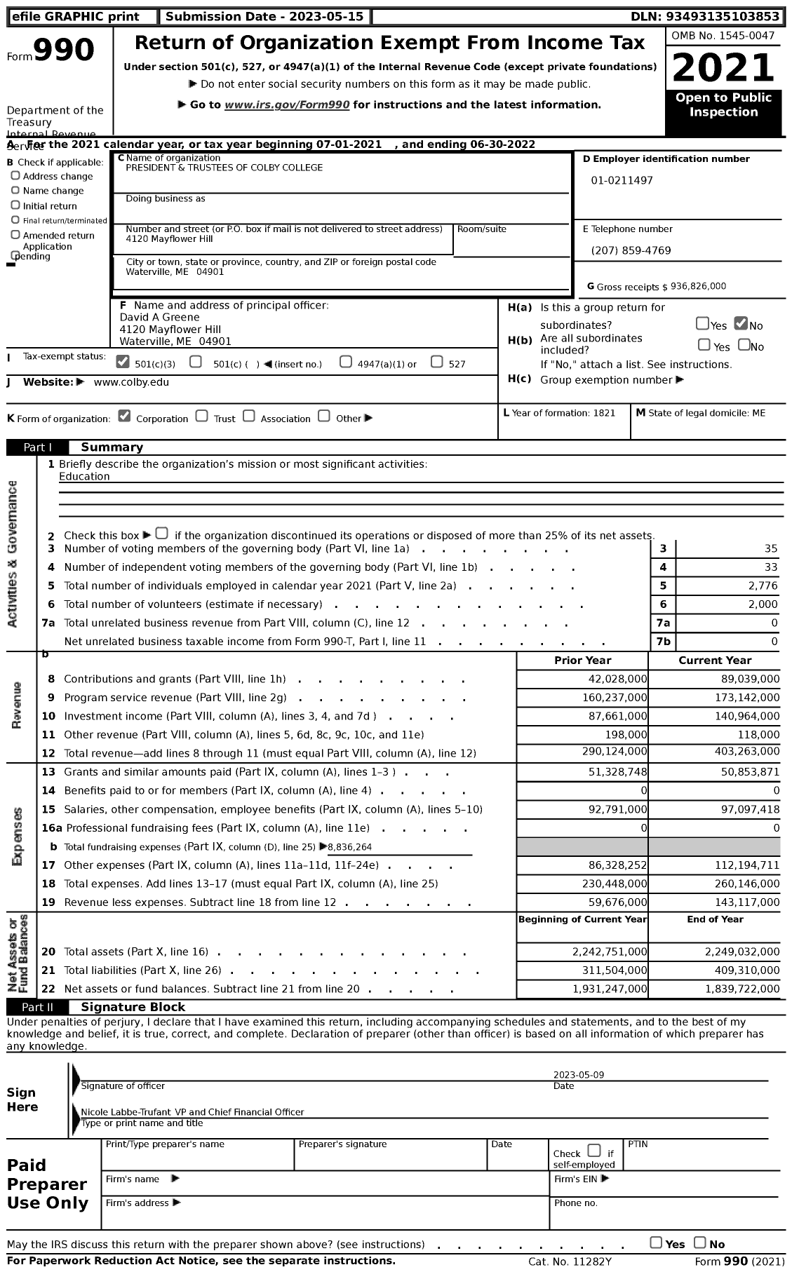 Image of first page of 2021 Form 990 for President and Trustees of Colby College