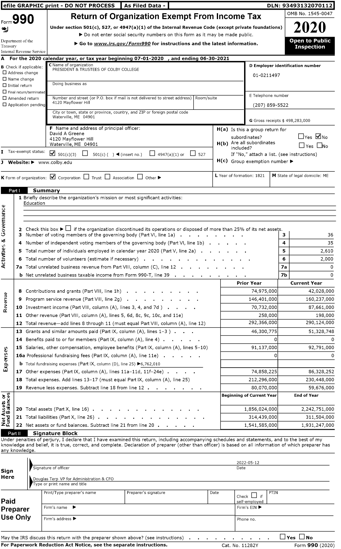 Image of first page of 2020 Form 990 for President and Trustees of Colby College