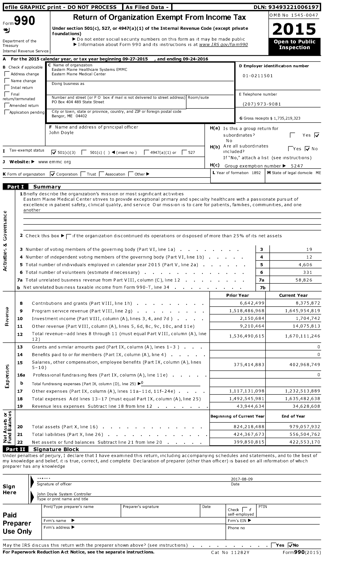 Image of first page of 2015 Form 990 for Eastern Maine Medical Center Northern Light Eastern Maine Medical Center (EMHS)