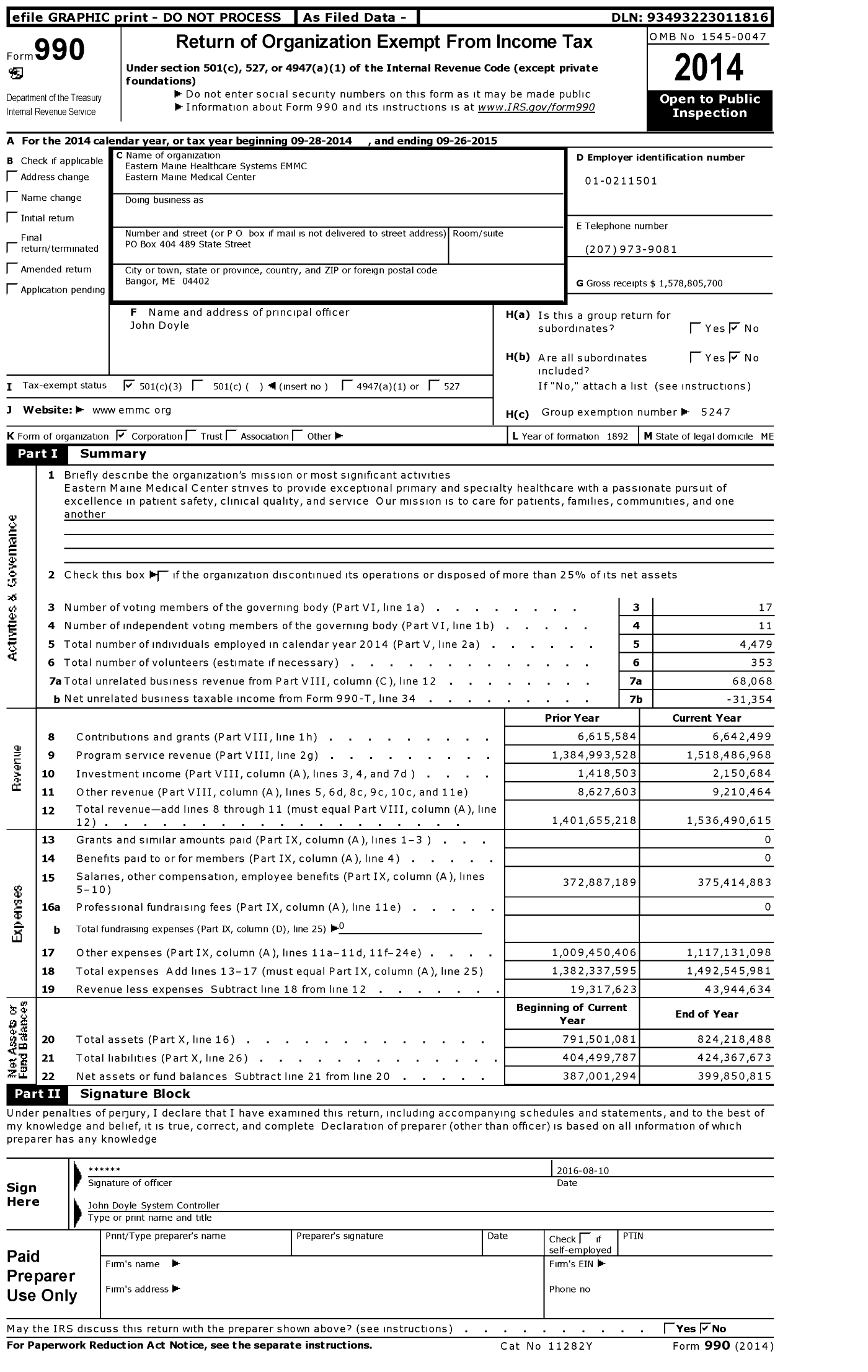 Image of first page of 2014 Form 990 for Eastern Maine Medical Center Northern Light Eastern Maine Medical Center (EMHS)