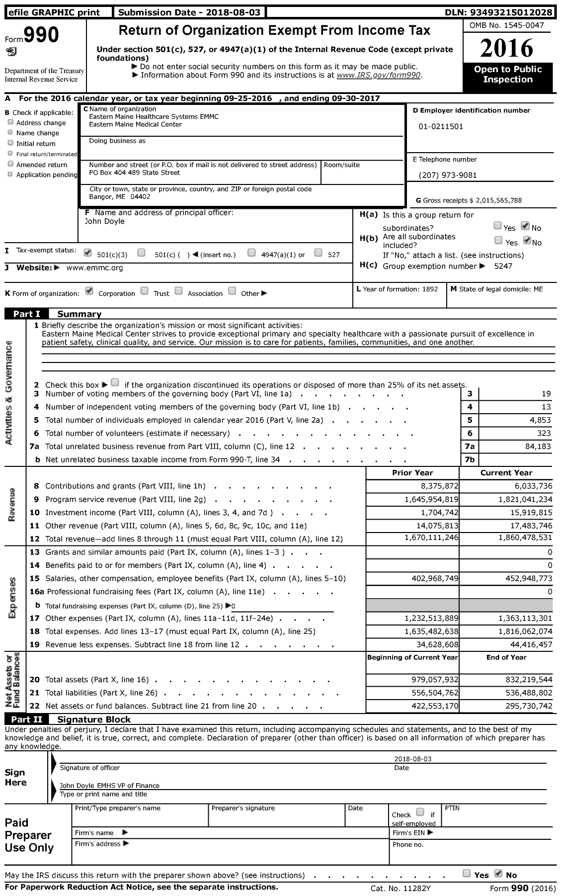 Image of first page of 2016 Form 990 for Eastern Maine Healthcare Systems EMMC Eastern Maine Medical Center (EMHS)