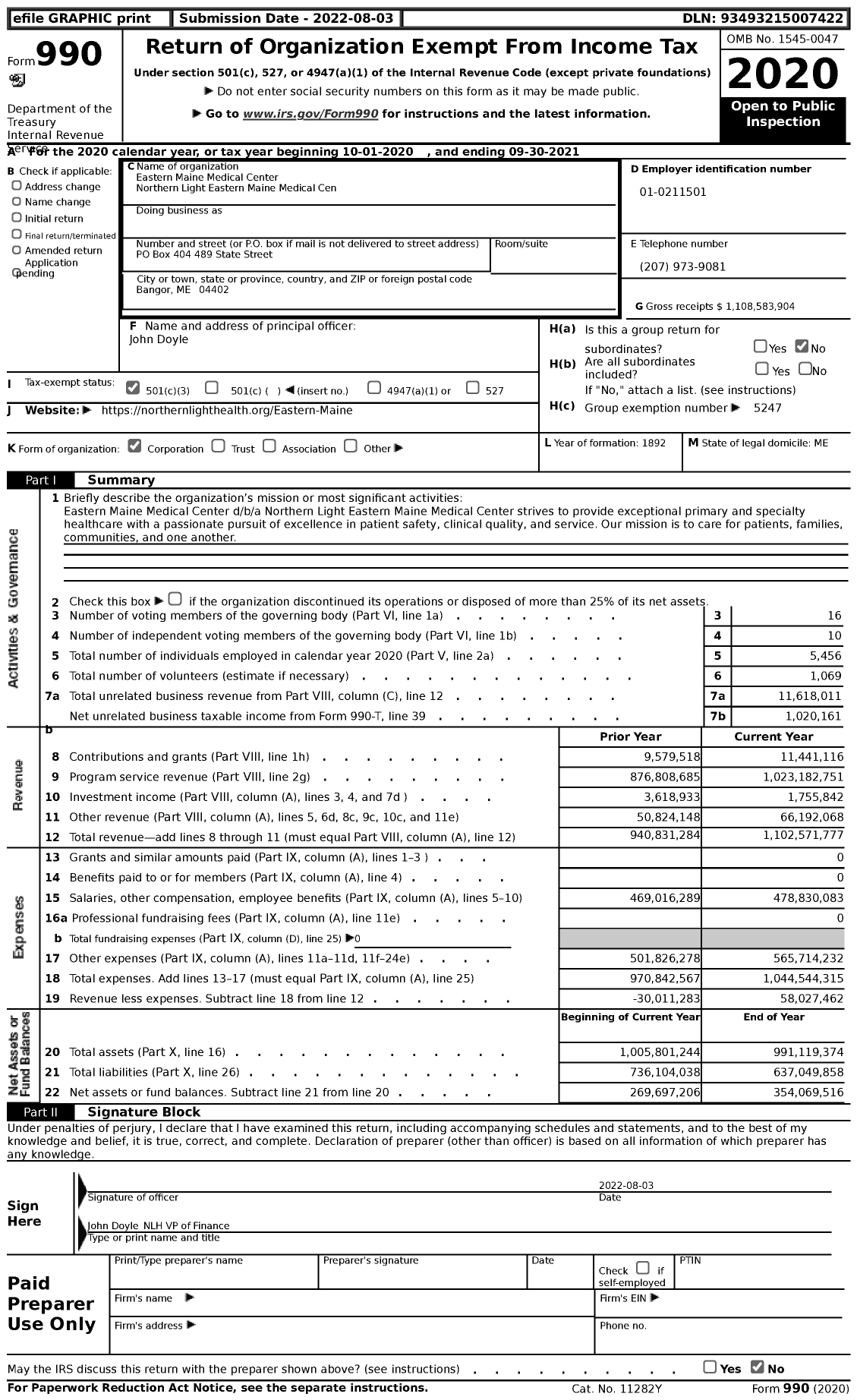 Image of first page of 2020 Form 990 for Eastern Maine Medical Center Northern Light Eastern Maine Medical Center (EMHS)