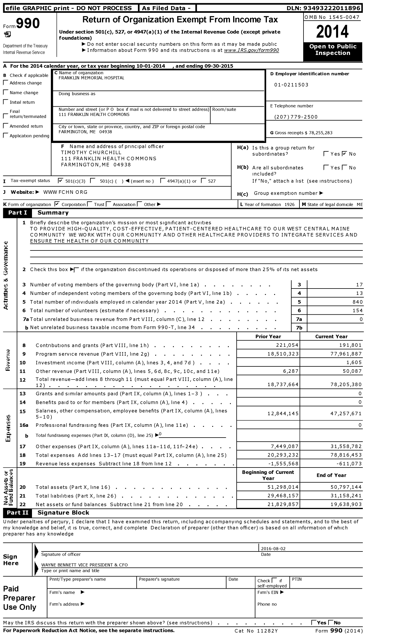 Image of first page of 2014 Form 990 for Franklin Memorial Hospital (FCHN)