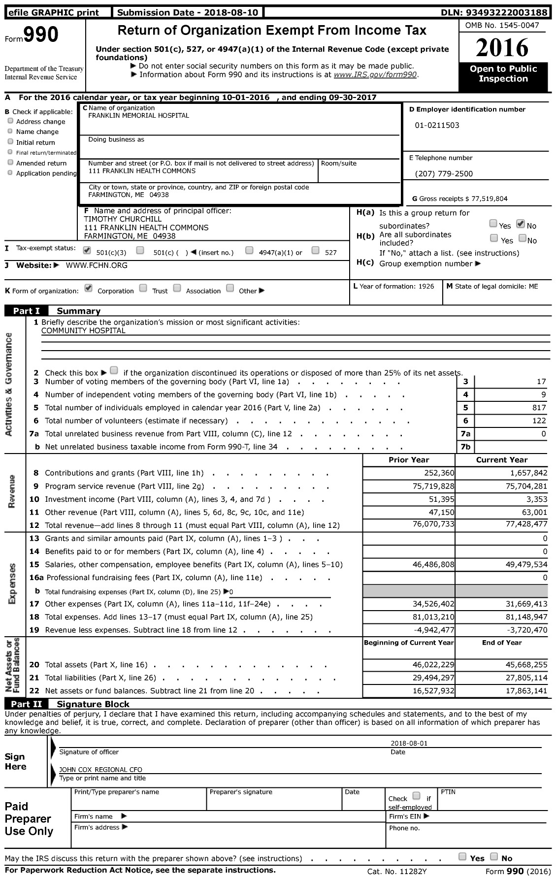 Image of first page of 2016 Form 990 for Franklin Memorial Hospital (FCHN)