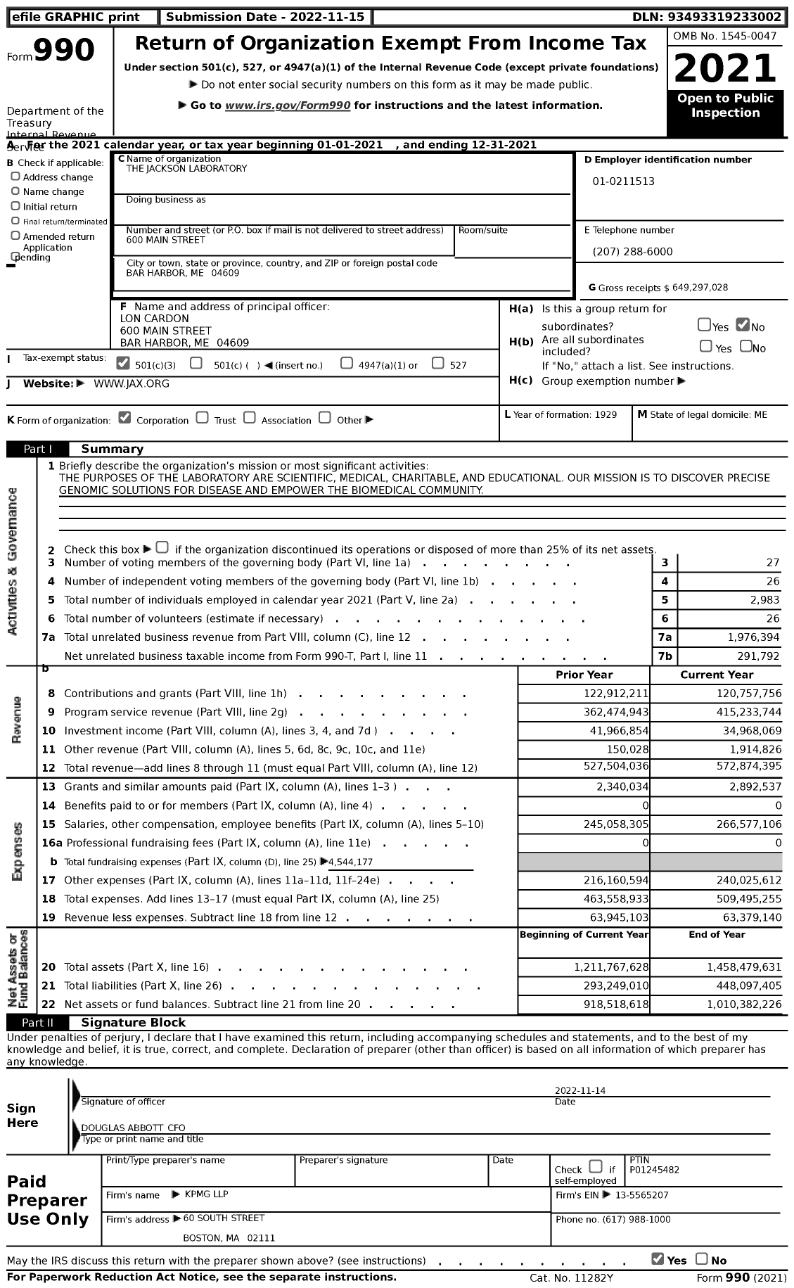 Image of first page of 2021 Form 990 for Jackson Laboratory