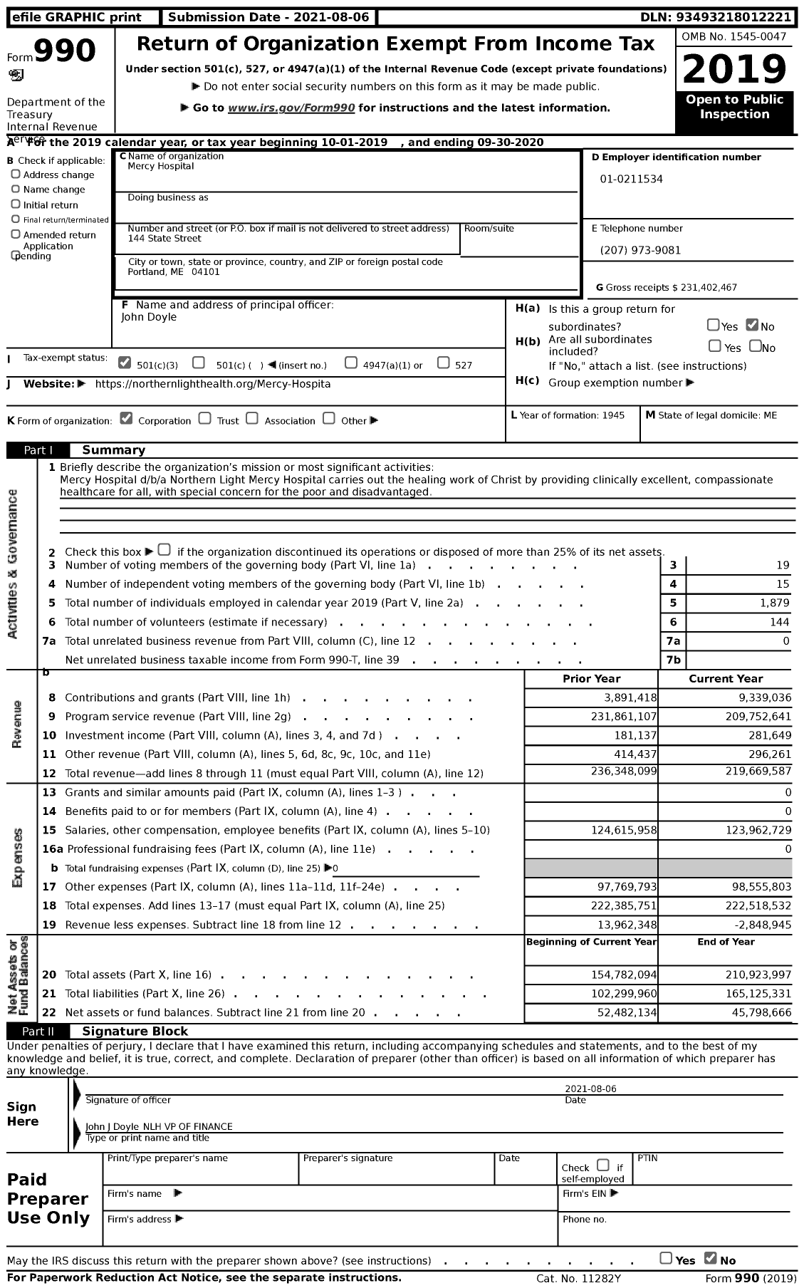 Image of first page of 2019 Form 990 for Mercy Hospital Northern Light Mercy Hospital