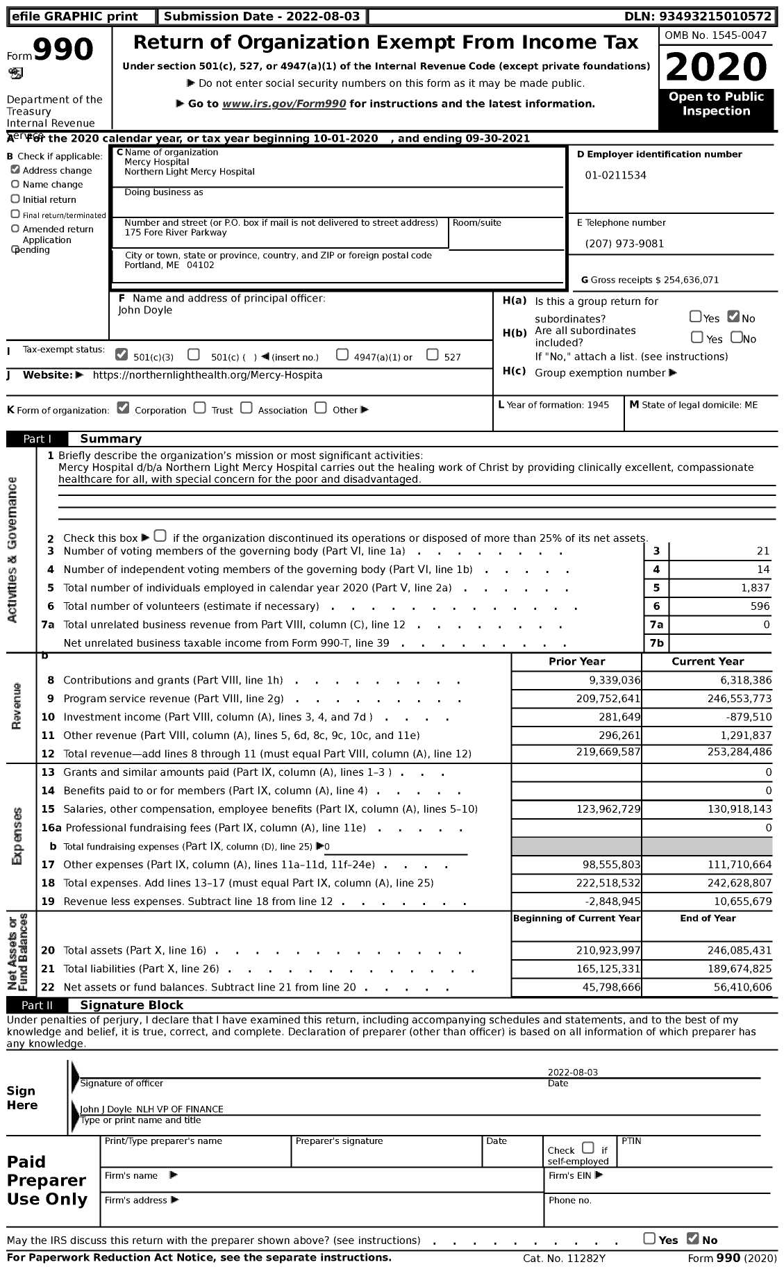 Image of first page of 2020 Form 990 for Mercy Hospital Northern Light Mercy Hospital