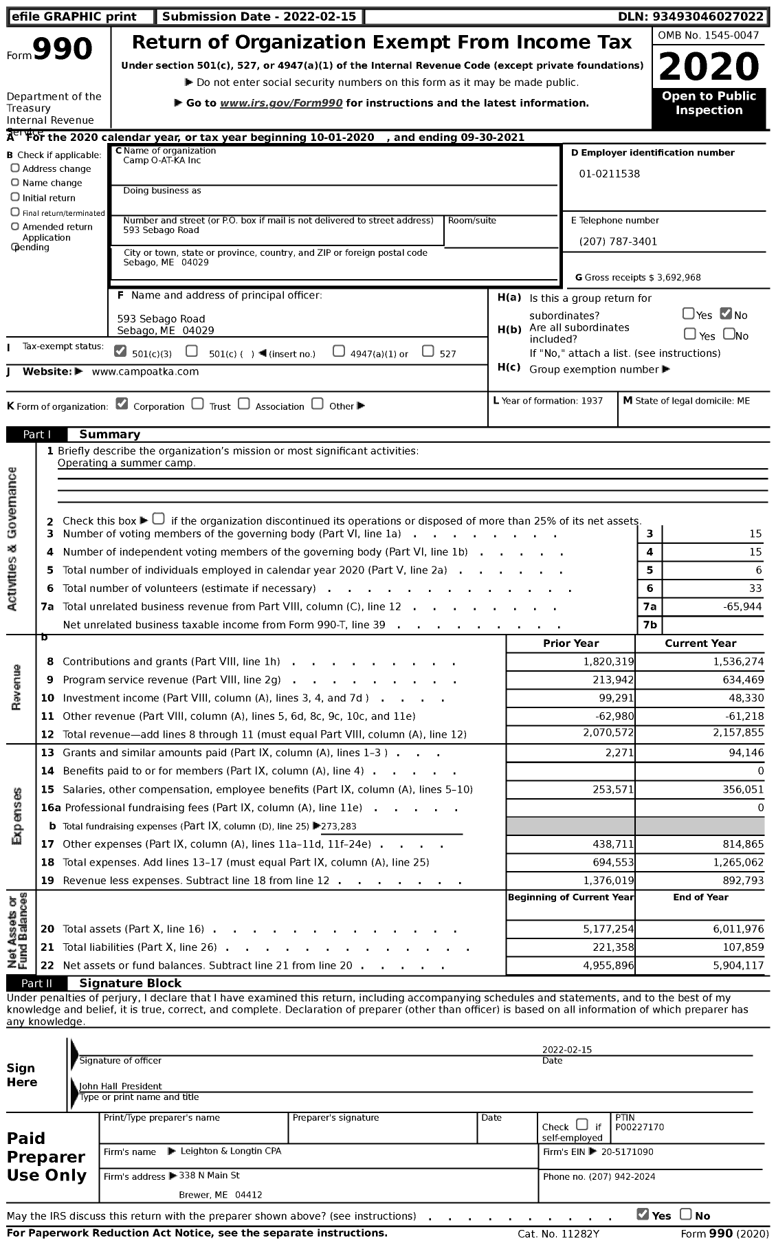 Image of first page of 2020 Form 990 for Camp O-AT-KA