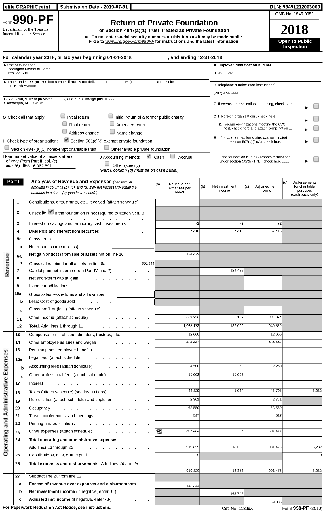 Image of first page of 2018 Form 990PF for Redington Memorial Home attn Ted Susi