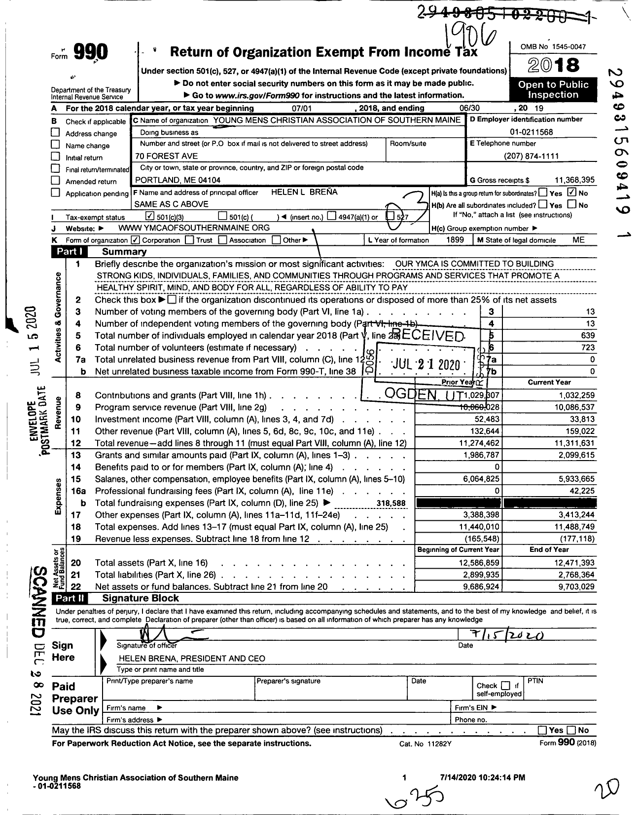 Image of first page of 2018 Form 990 for YMCA of Southern Maine