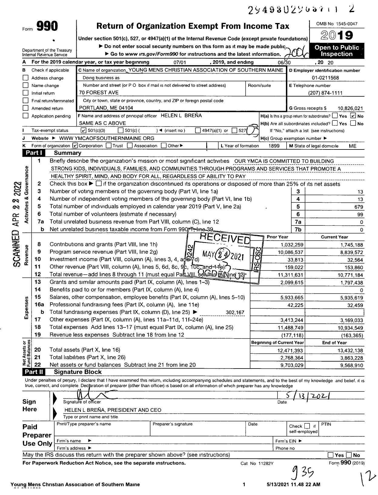 Image of first page of 2019 Form 990 for YMCA of Southern Maine