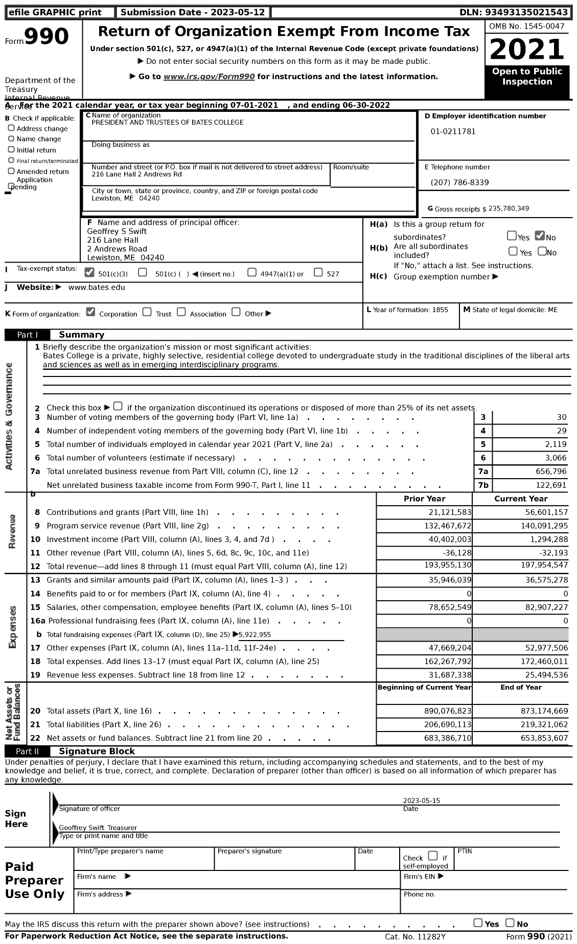 Image of first page of 2021 Form 990 for Bates College