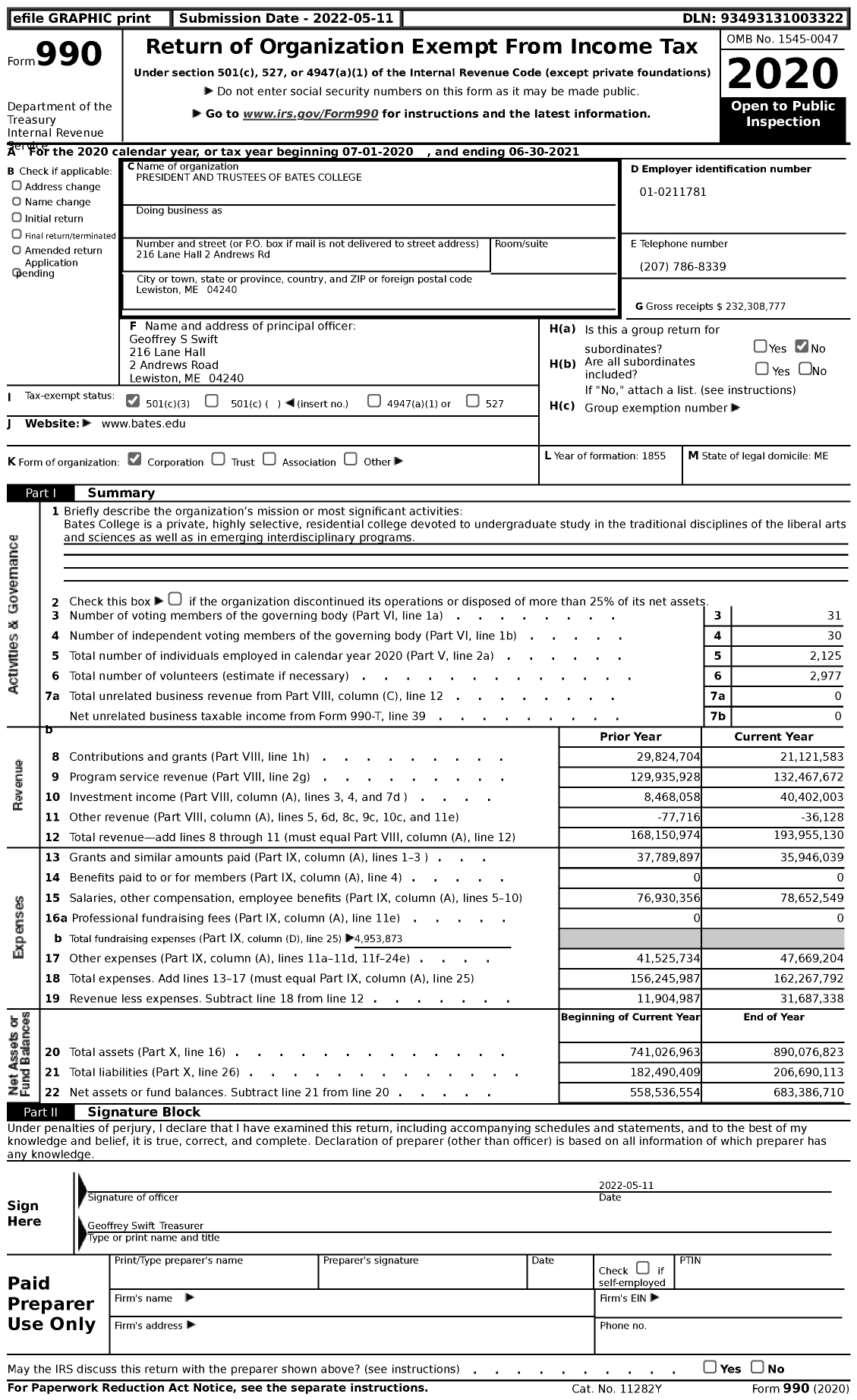 Image of first page of 2020 Form 990 for Bates College