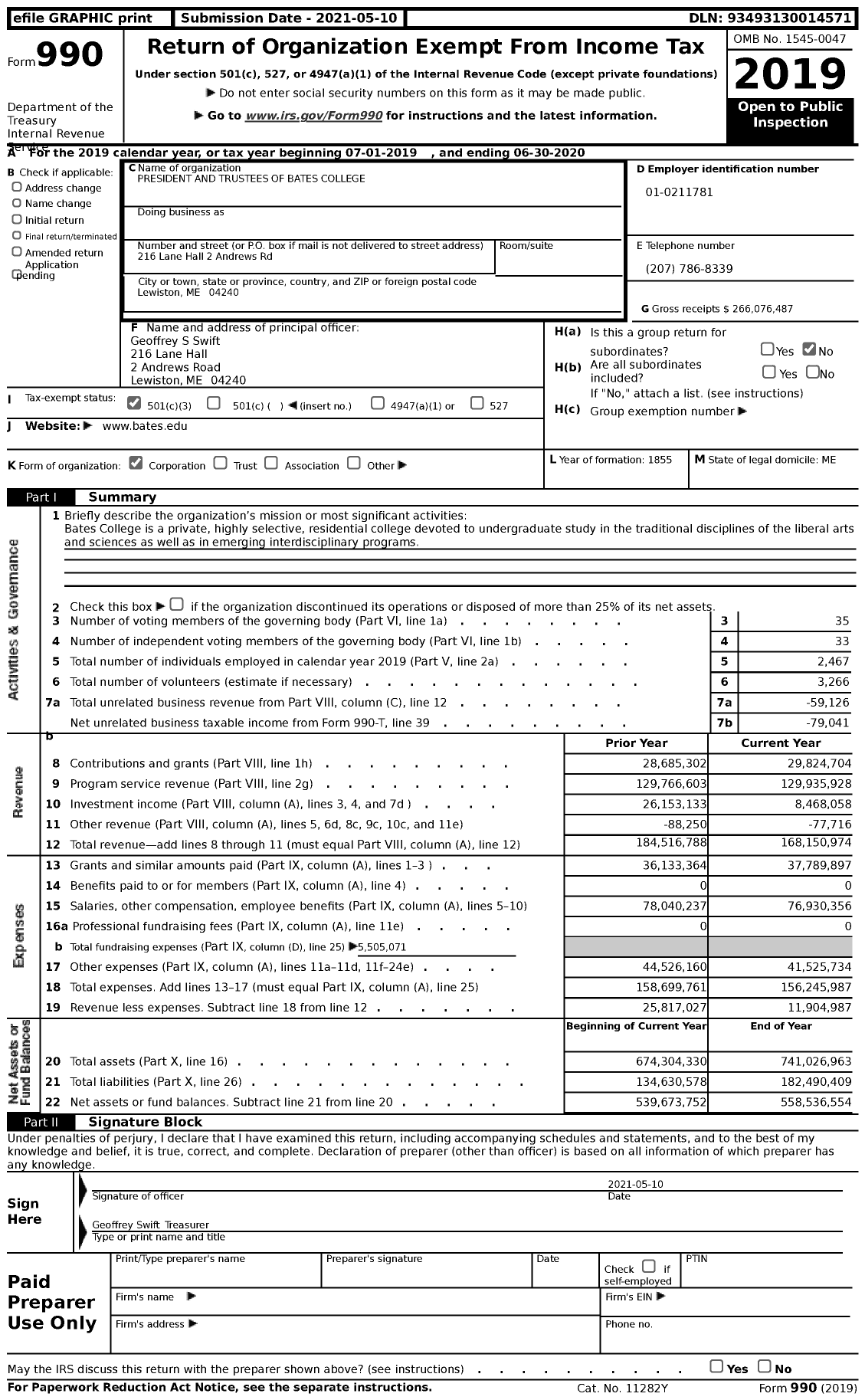 Image of first page of 2019 Form 990 for Bates College