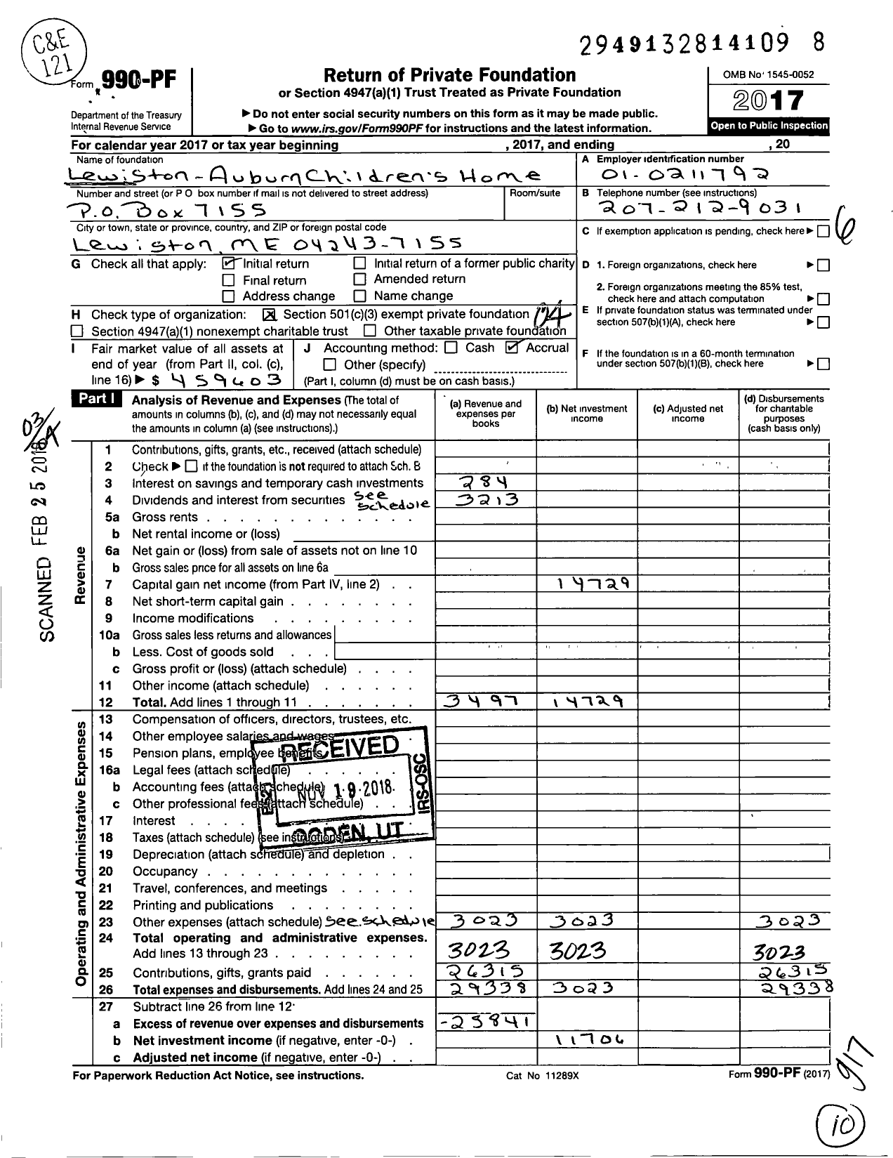 Image of first page of 2017 Form 990PF for Lewiston-Auburn Childrens Home