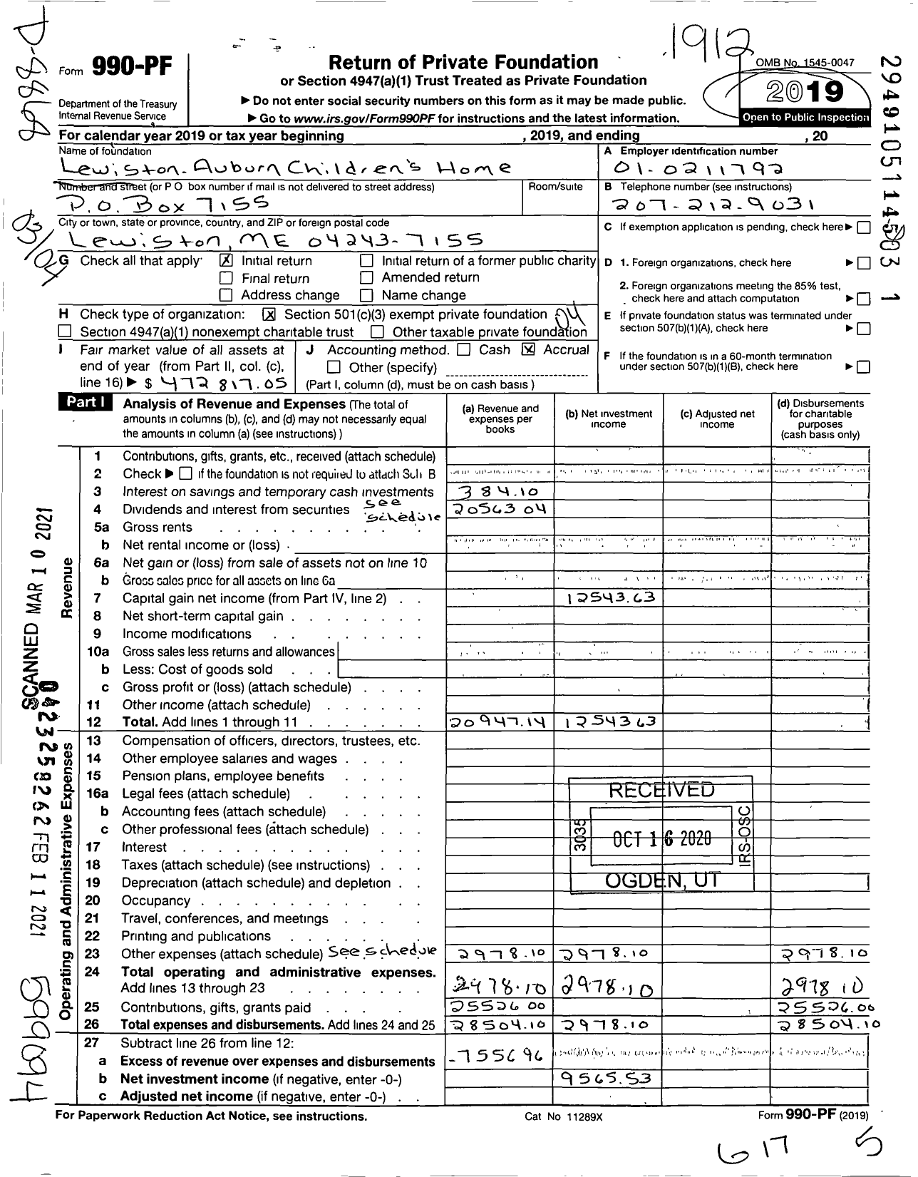 Image of first page of 2019 Form 990PF for Lewiston-Auburn Childrens Home