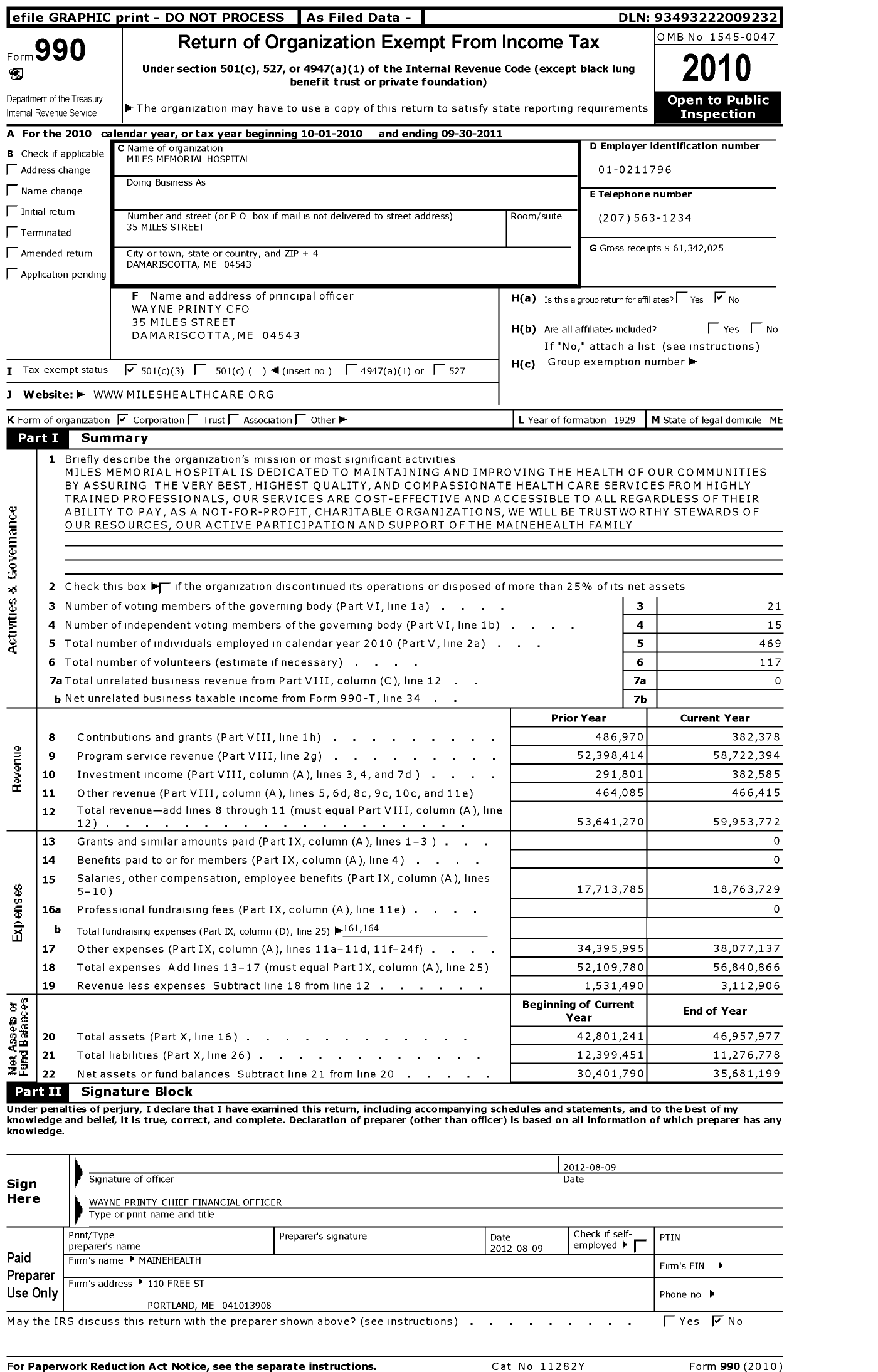 Image of first page of 2010 Form 990 for Miles Memorial Hospital