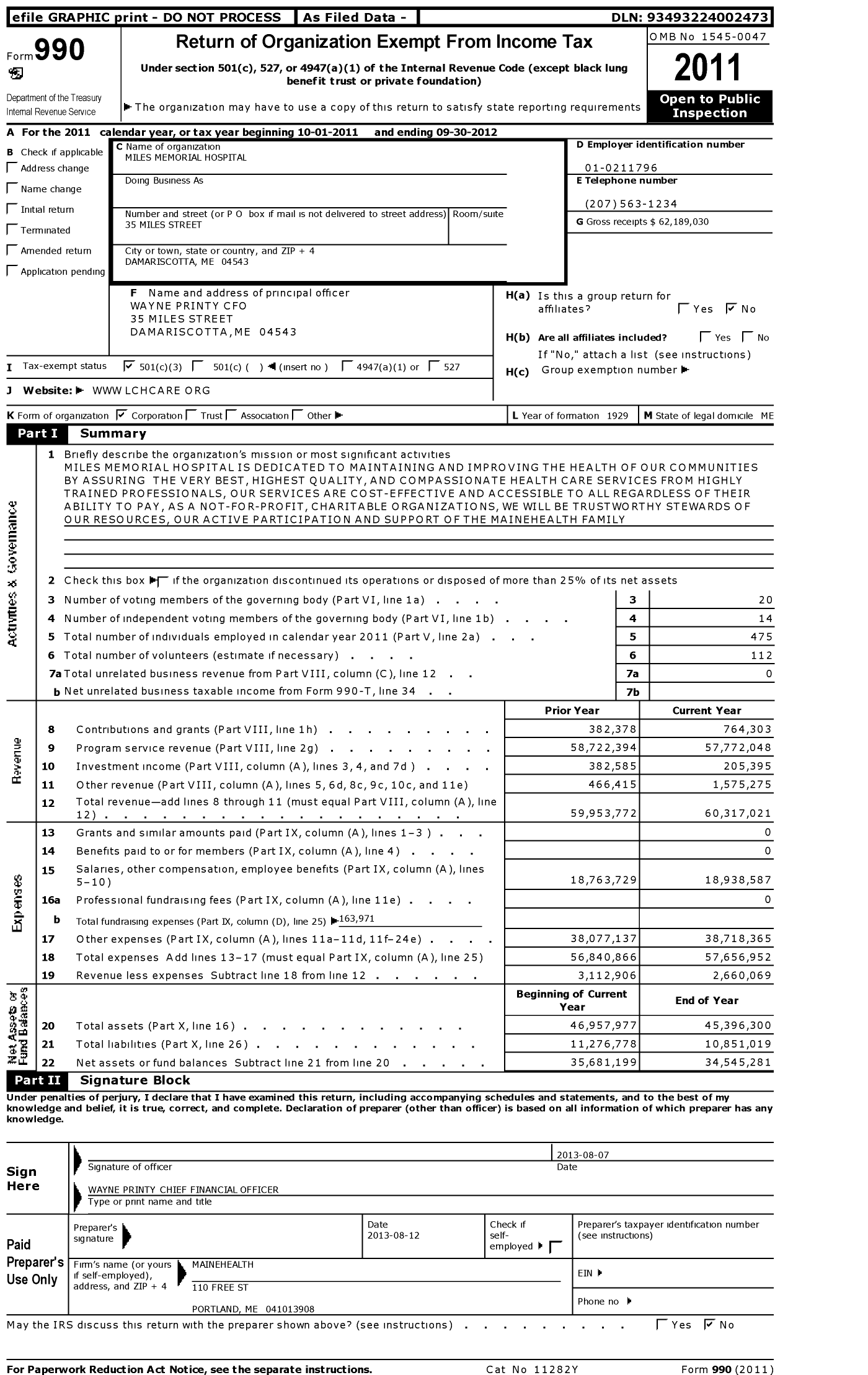 Image of first page of 2011 Form 990 for Miles Memorial Hospital
