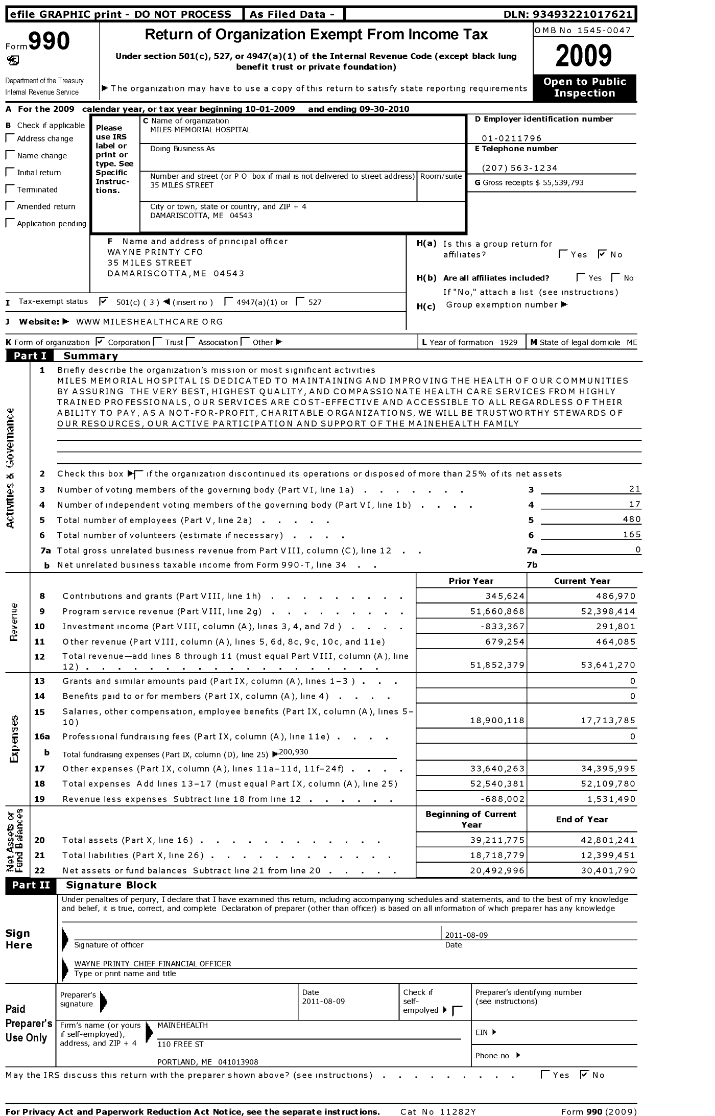 Image of first page of 2009 Form 990 for Miles Memorial Hospital