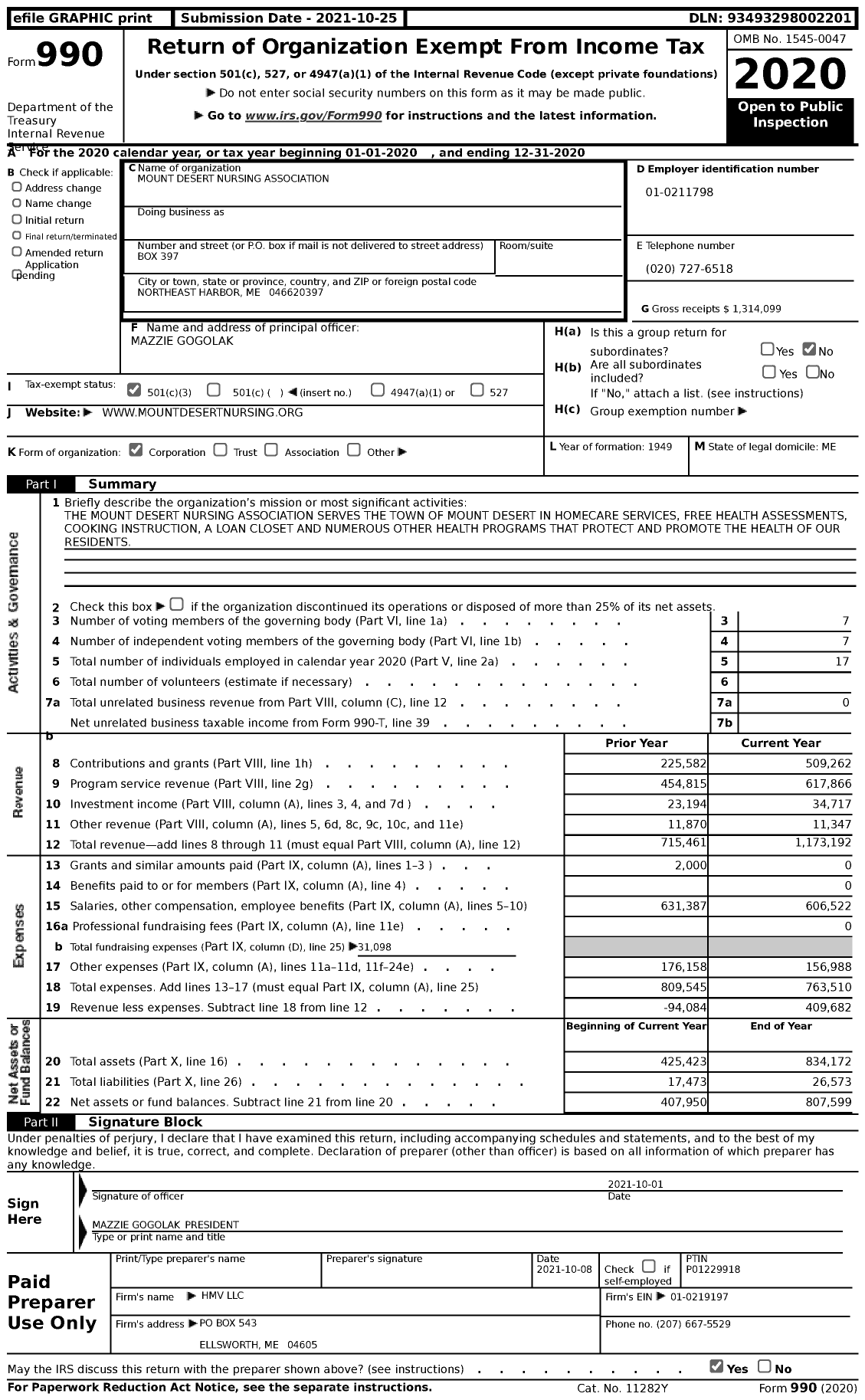 Image of first page of 2020 Form 990 for Mount Desert Nursing Association